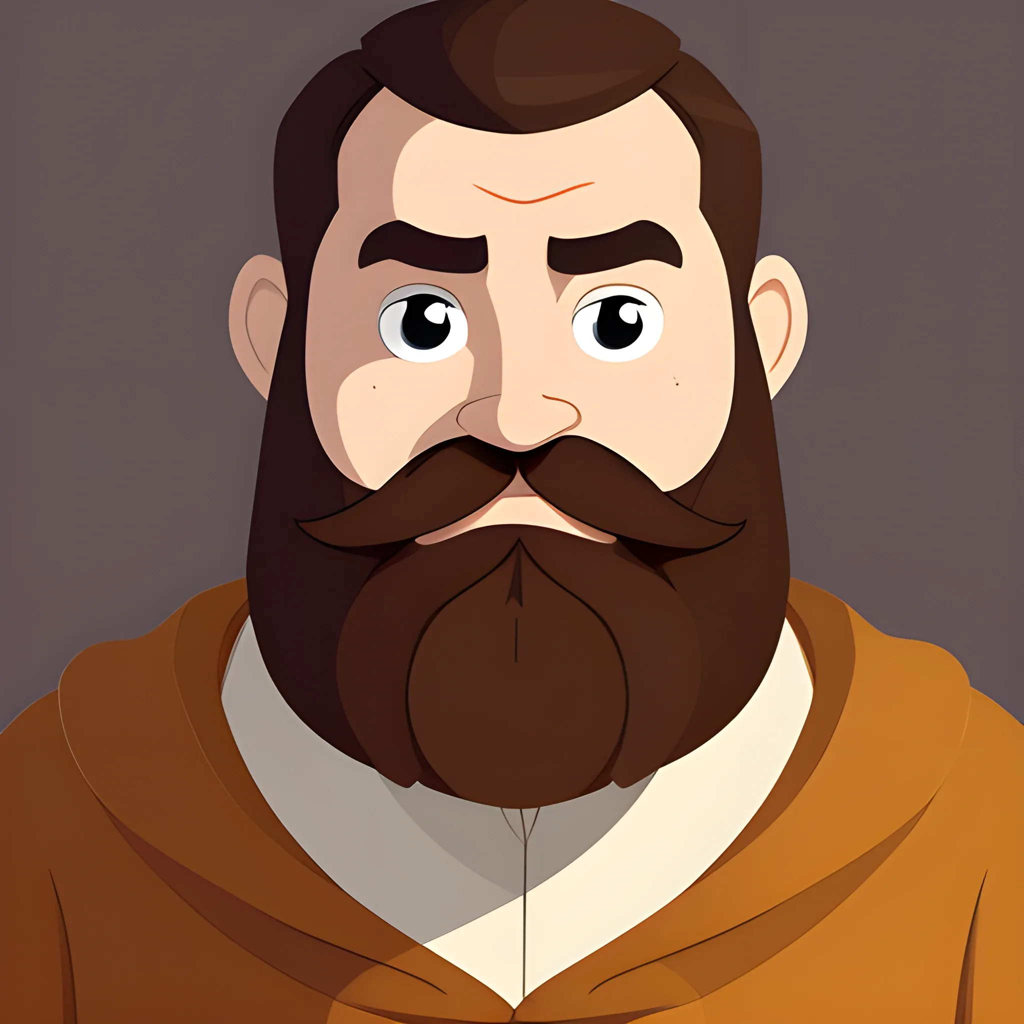 Cartoon man with a beard, with big brown eyes, with brown hair, dressed in robes