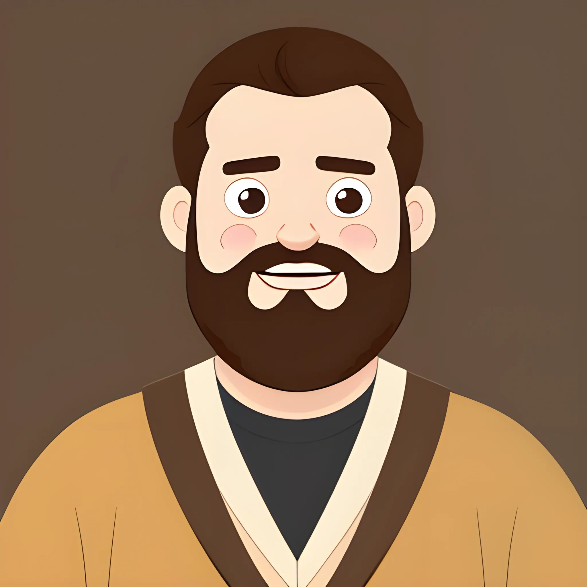 Happy man with a beard, with big brown eyes, with brown hair, dressed in robes, Cartoon