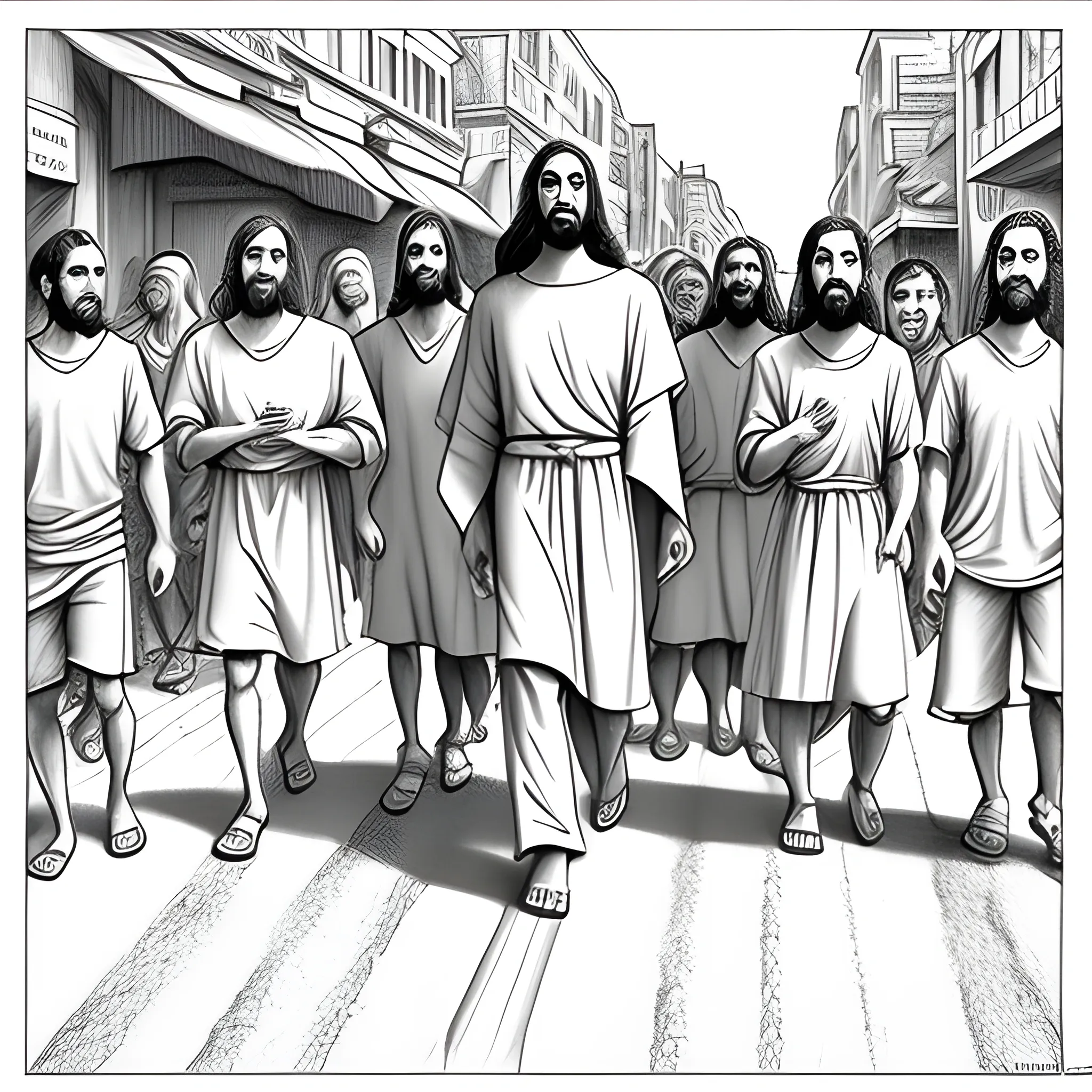 cartoon of jesus walking with his disciples in the street, Pencil Sketch