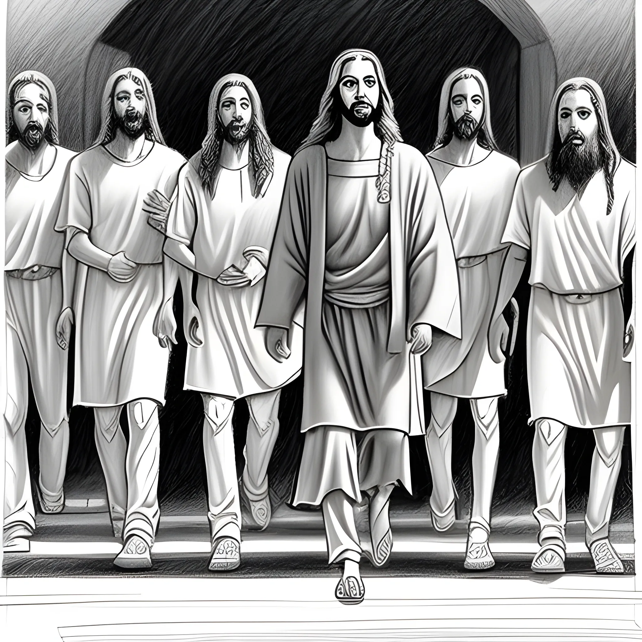 cartoon of jesus walking with his disciples, Pencil Sketch