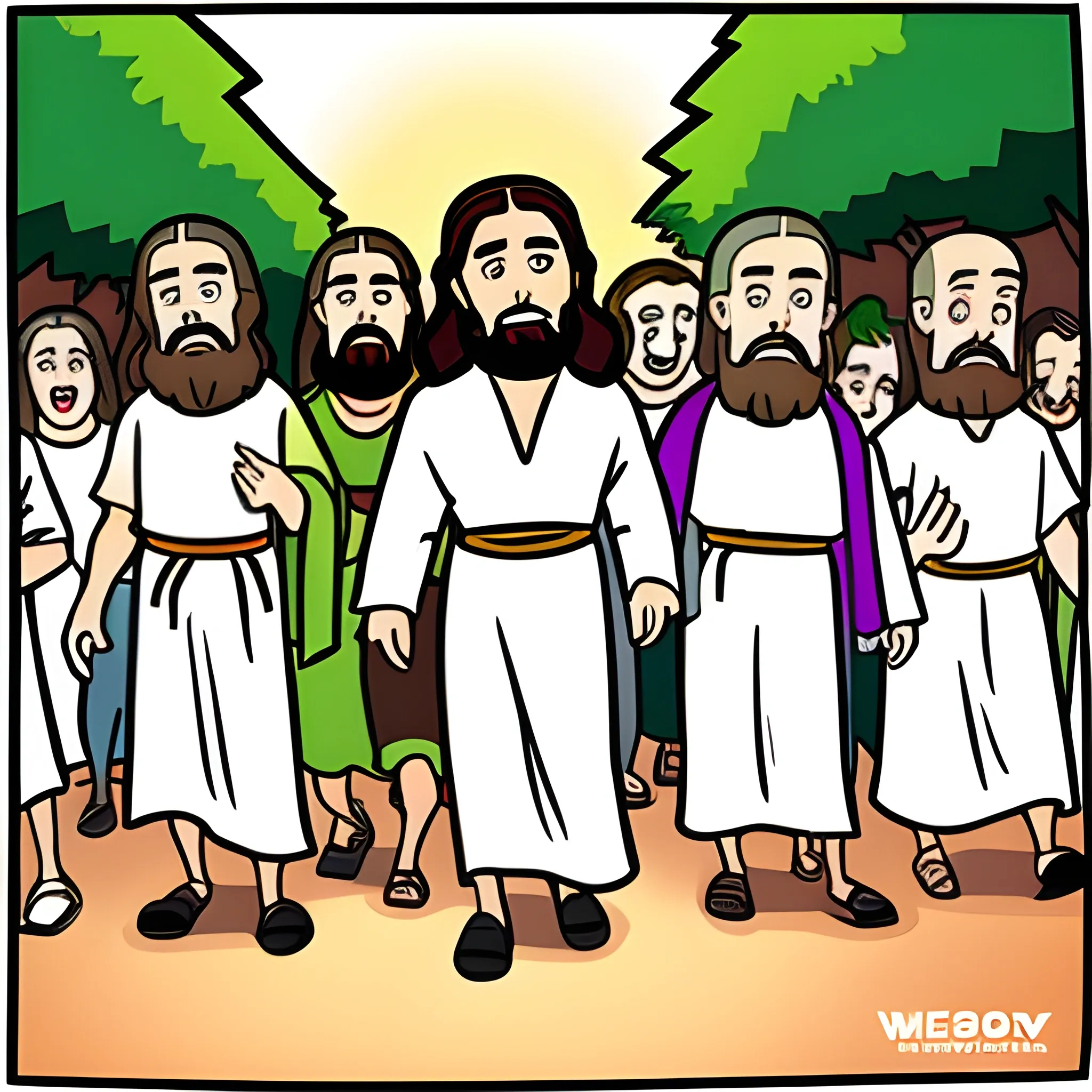 Funny cartoon of jesus walking with his disciples, Cartoon