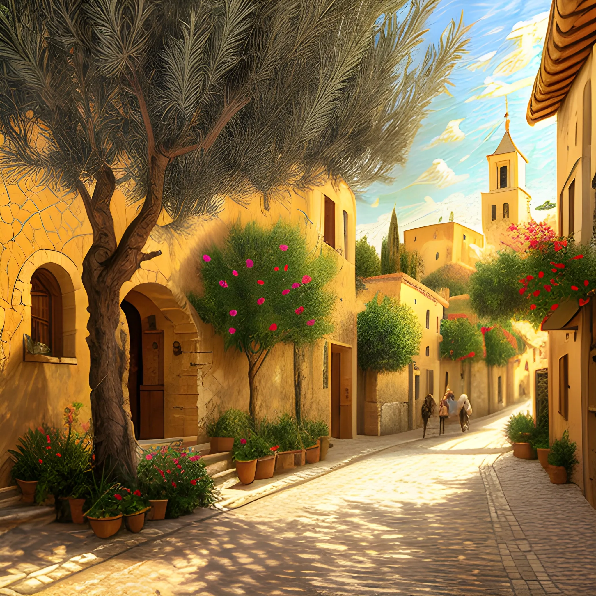 Jesus in the street of a small village on the Jerusalem. a terrace in the shade of a hundred - year - old olive tree, a friendly atmosphere. dolce vita. unreal engine rendering, hyper realist, ultra detailed, oil painting, warm colors, happy, impressionism, da vinci, 