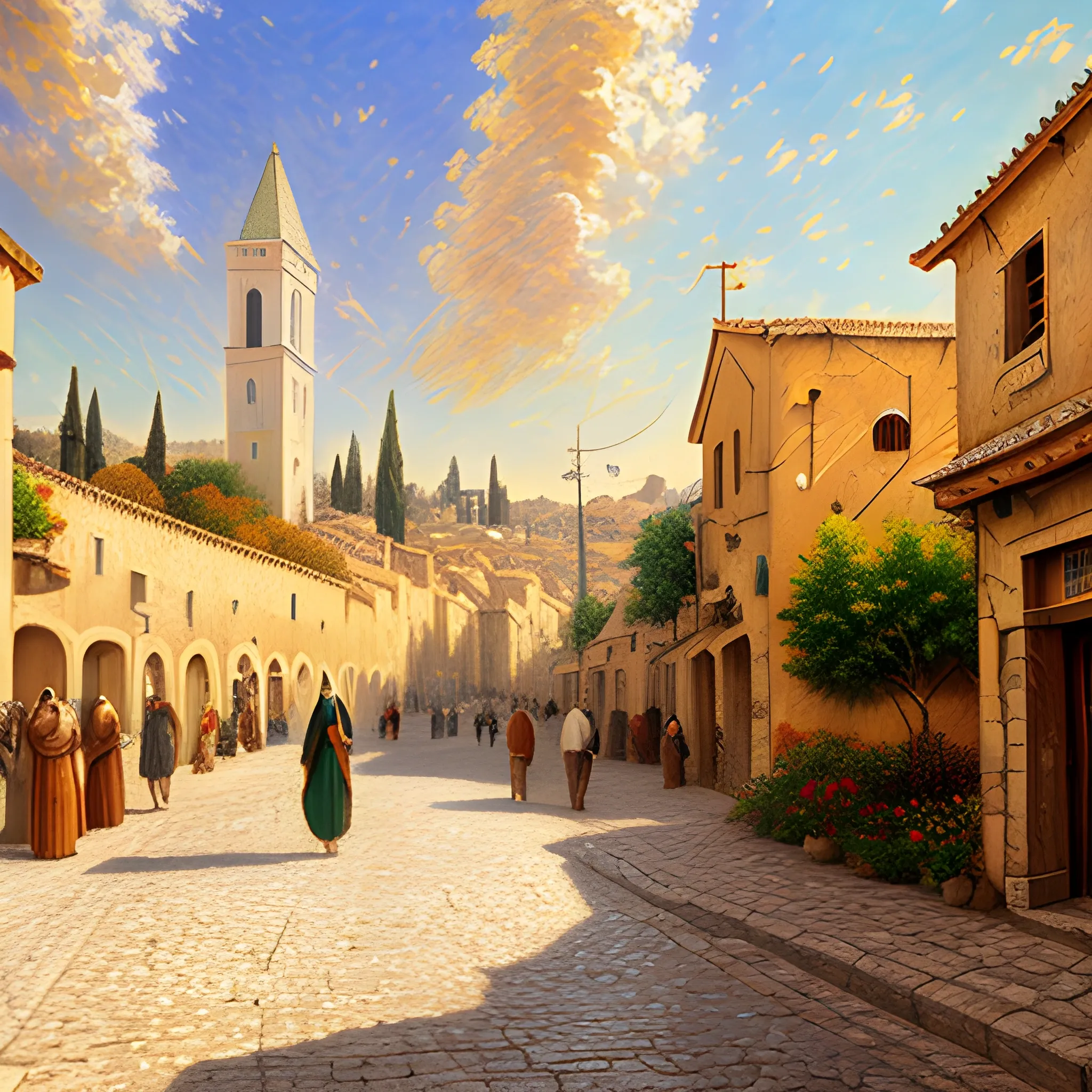 Jesus in the street of a small village on the Jerusalem, a friendly atmosphere. unreal engine rendering, hyper realist, ultra detailed, oil painting, warm colors, happy, impressionism, da vinci, 