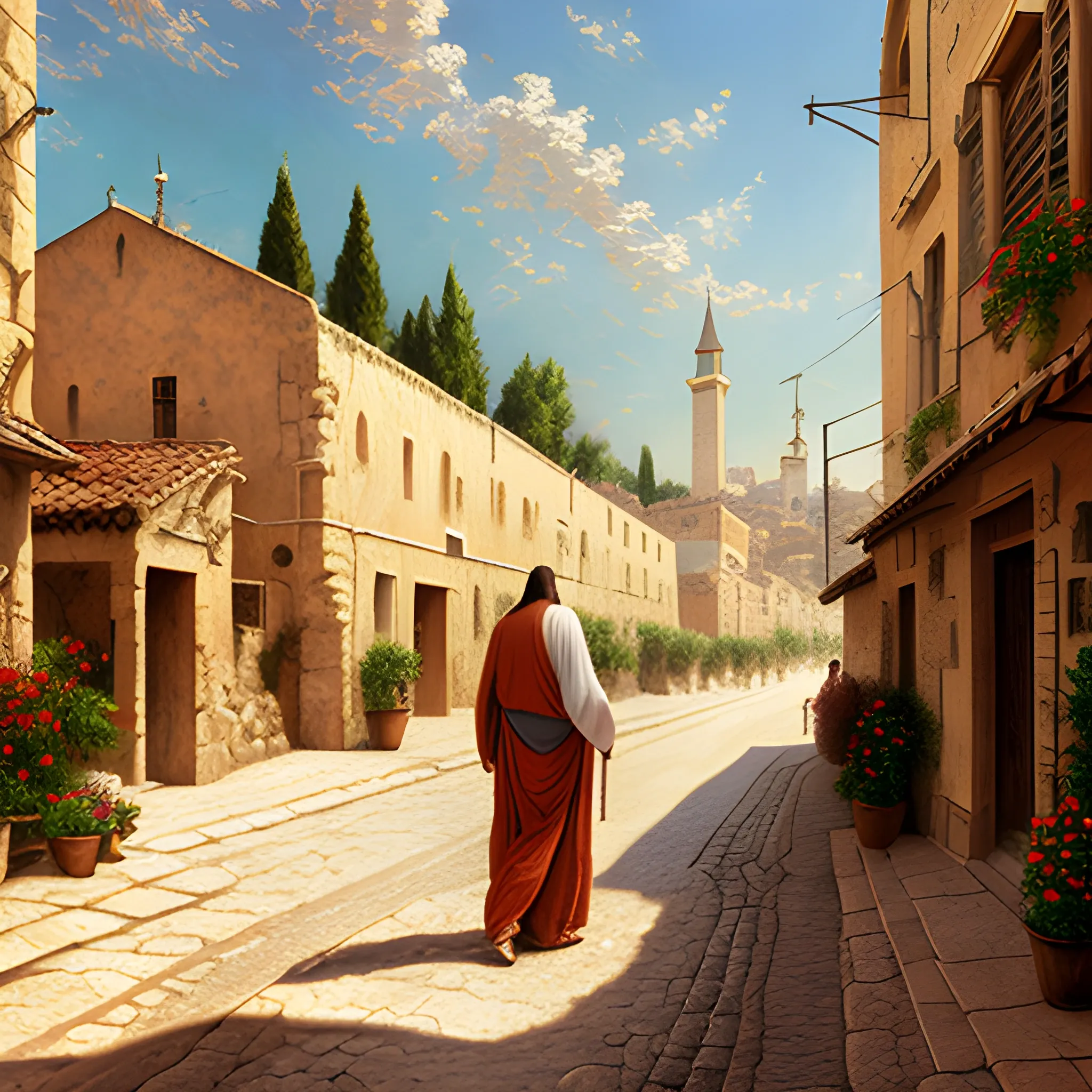 (((Jesus))) in the street of a small village on the Jerusalem, a friendly atmosphere. unreal engine rendering, hyper realist, ultra detailed, oil painting, warm colors, happy, impressionism, da vinci, 