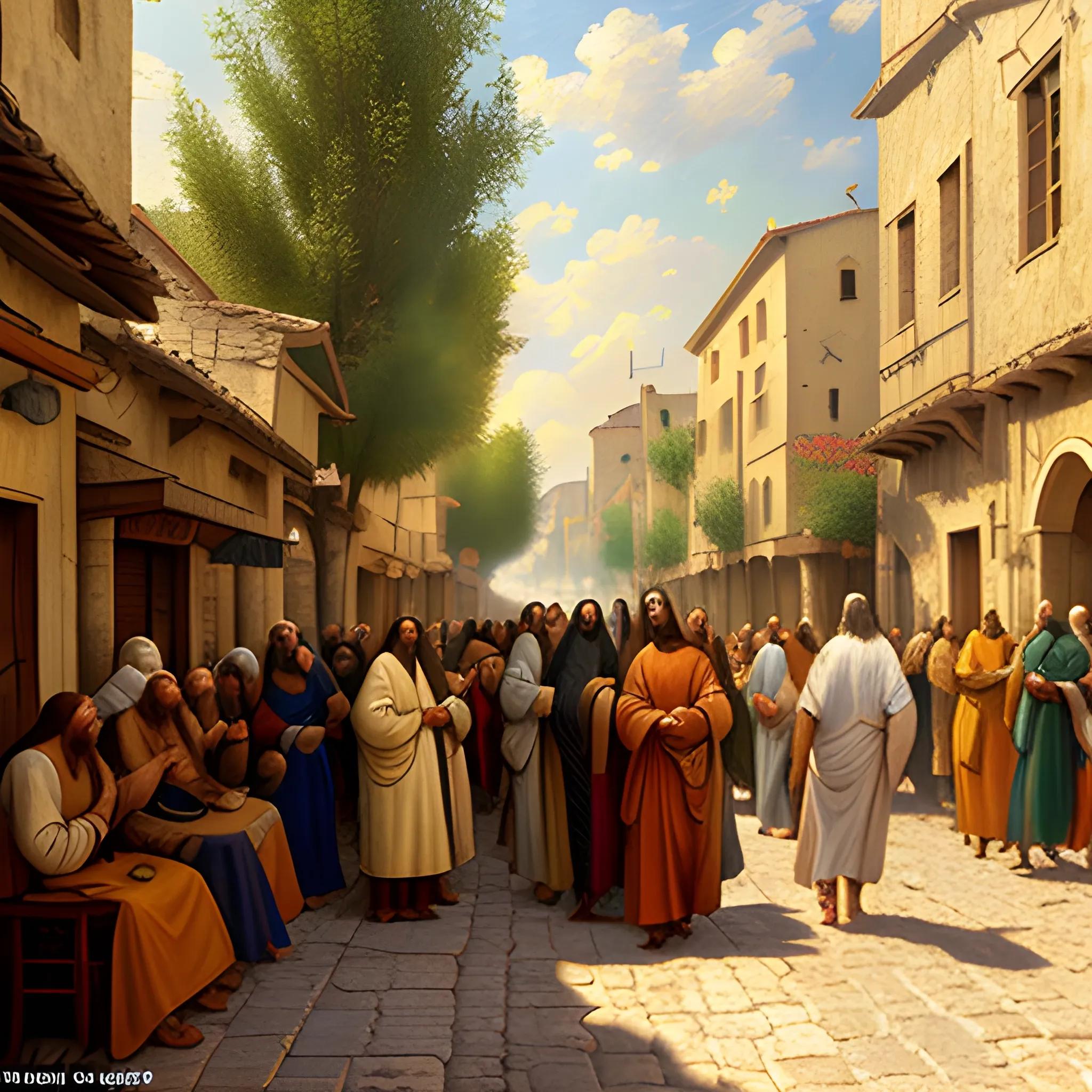 (((Jesus  and his disciples))) in the street of a small village on the Jerusalem, a friendly atmosphere. unreal engine rendering, hyper realist, ultra detailed, oil painting, warm colors, happy, impressionism, da vinci, 