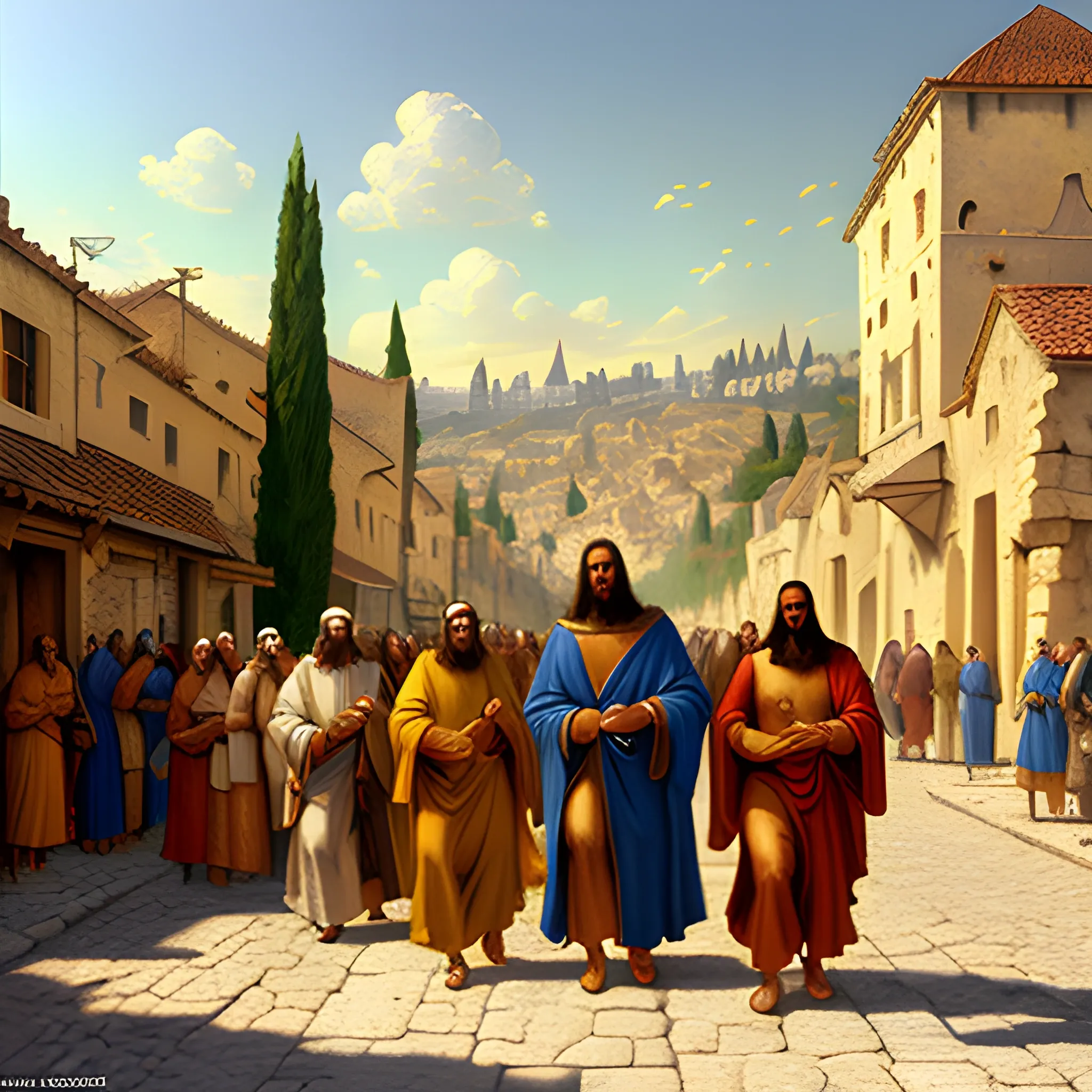 (((Jesus, hiper realist, and his disciples))) in the street of a small village on the Jerusalem, a friendly atmosphere. unreal engine rendering, hyper realist, ultra detailed, oil painting, warm colors, happy, impressionism, da vinci, 