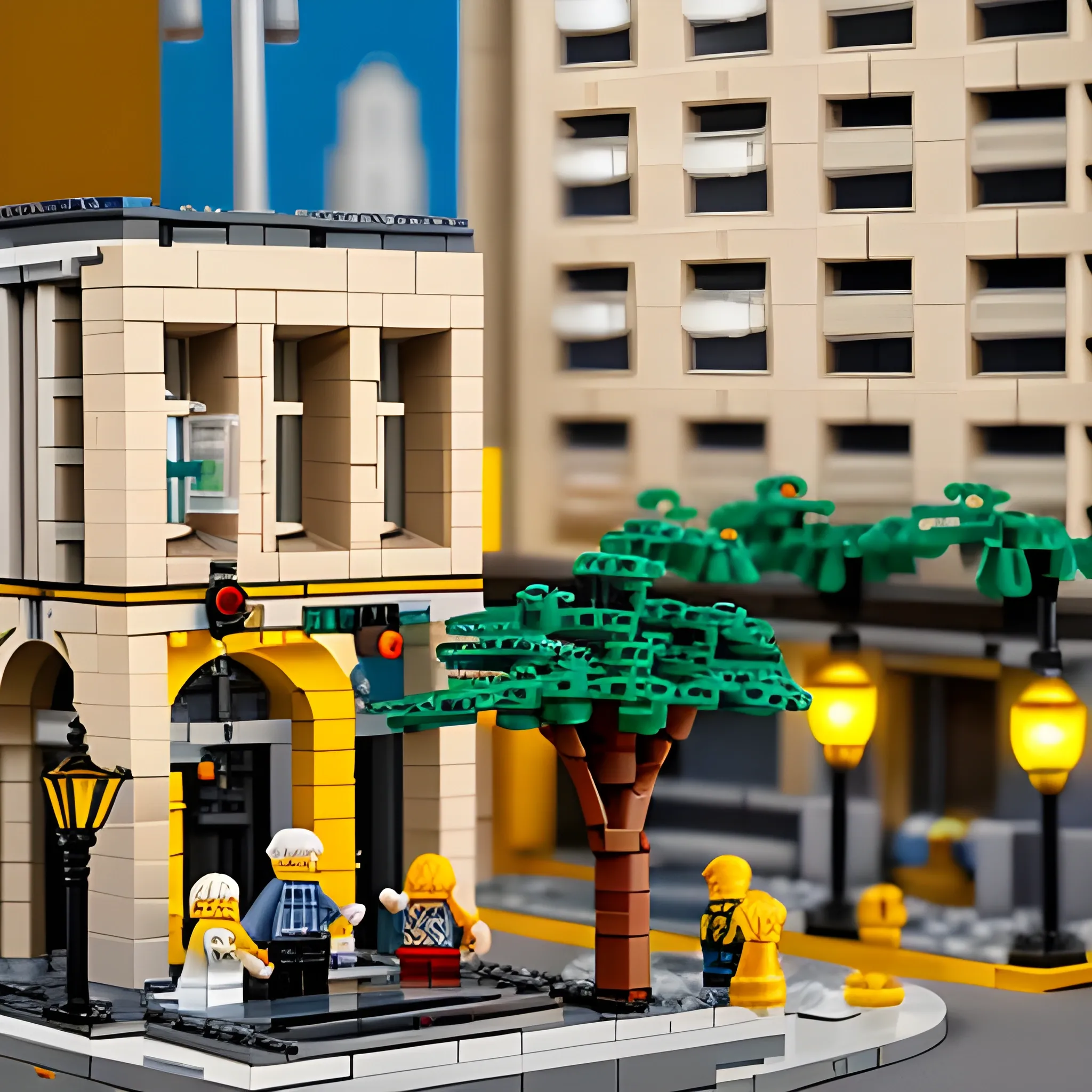 detailed miniature lego diorama a jerusalem building, brutalism architecture, car parking nearby, elderly man passing by, warm and joyful atmosphere, summer, streetlamps, several birches nearby 