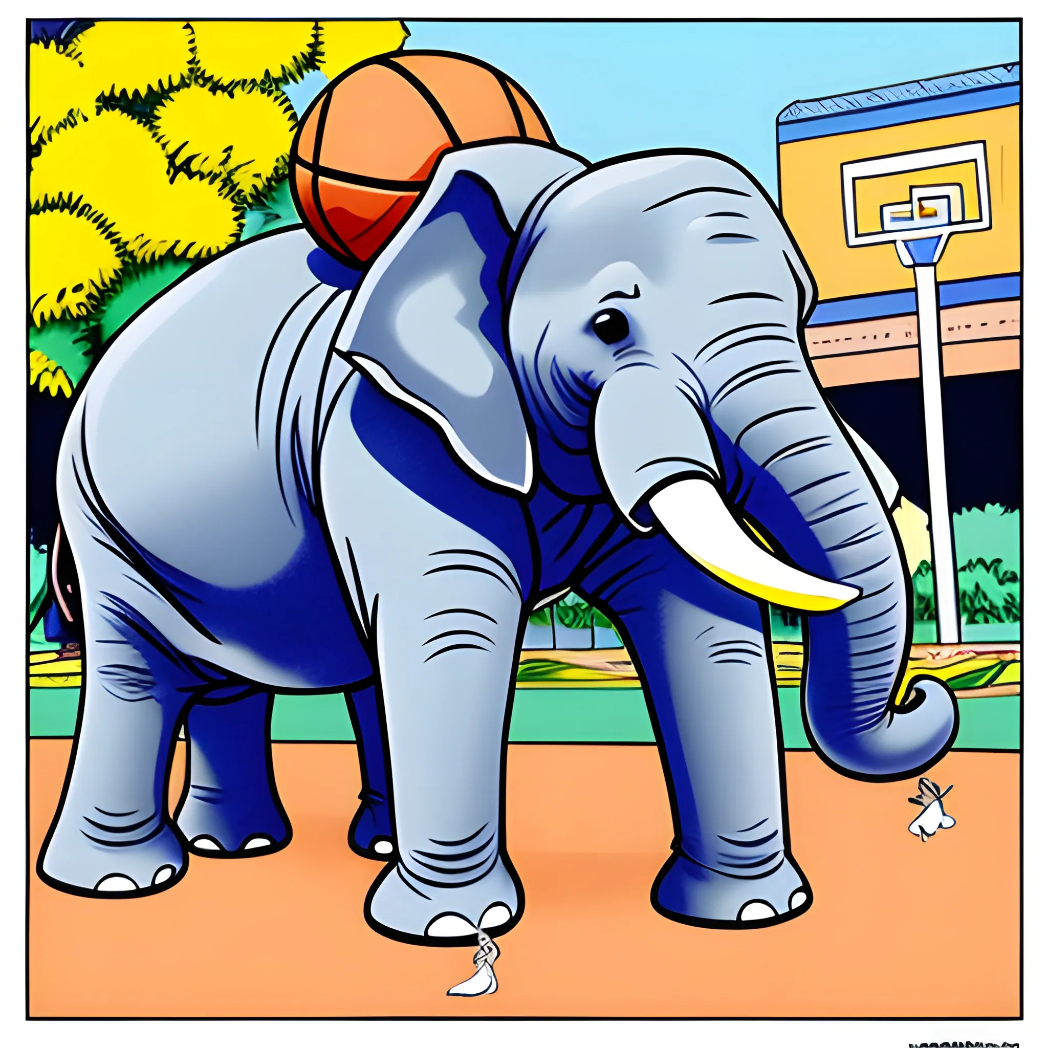 Elephant Playing Basketball: A large, friendly elephant dribbling a basketball with its trunk on a sunny day, coloring book style