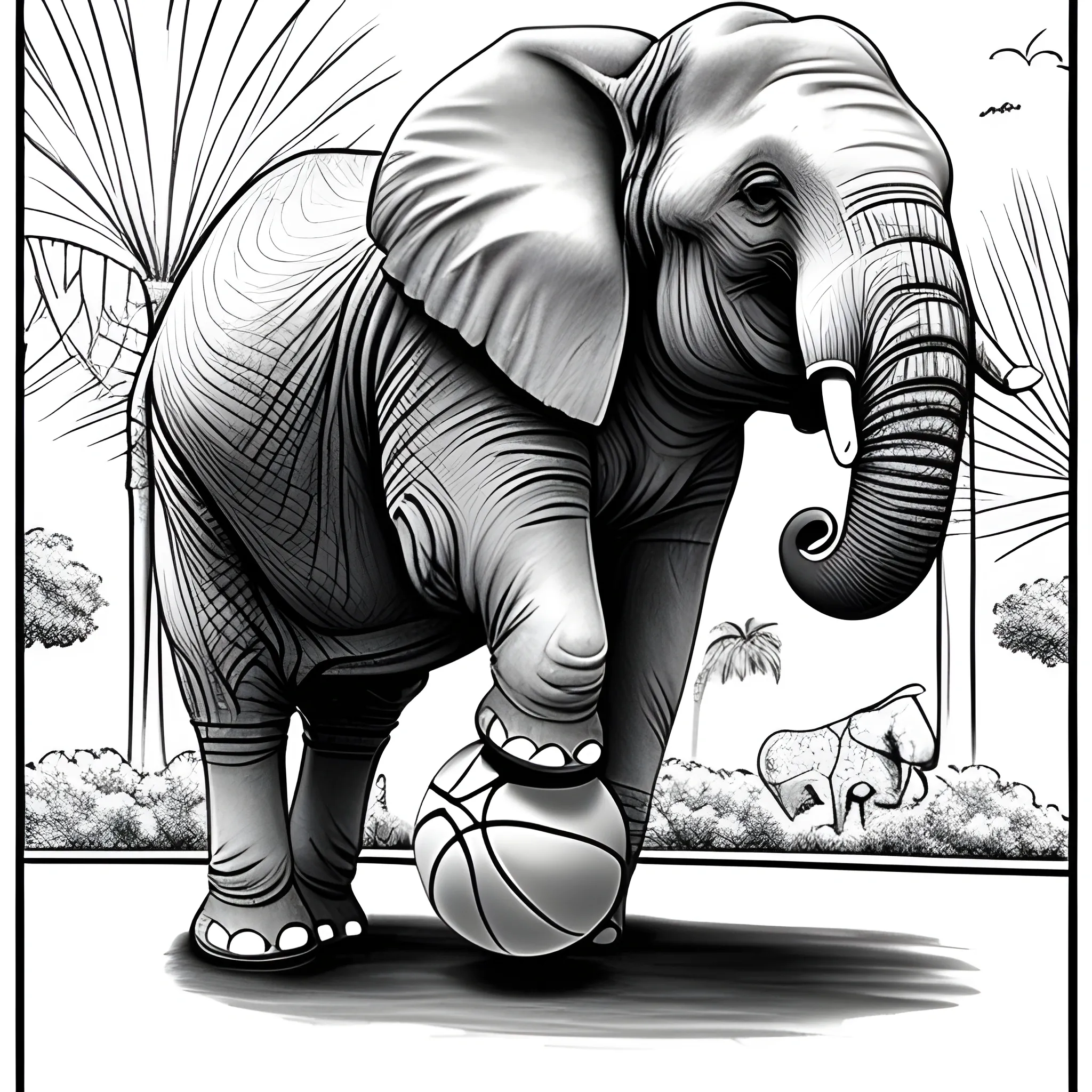 Elephant Playing Basketball: A large, friendly elephant dribbling a basketball with its trunk on a sunny day, coloring book style, Pencil Sketch