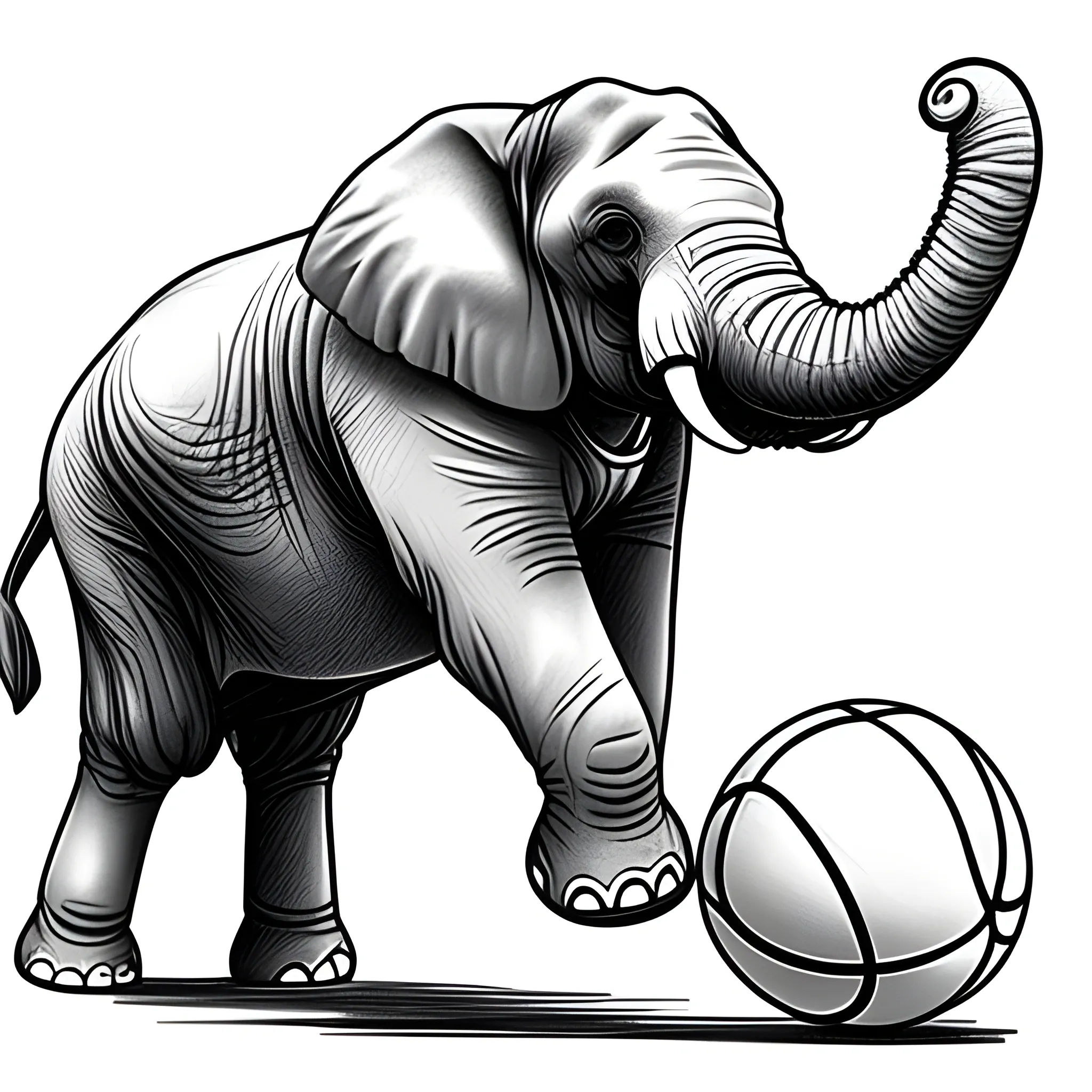 Elephant Playing Basketball: A large, friendly elephant dribbling a basketball with its trunk on a sunny day, coloring book style, Pencil Sketch, Cartoon