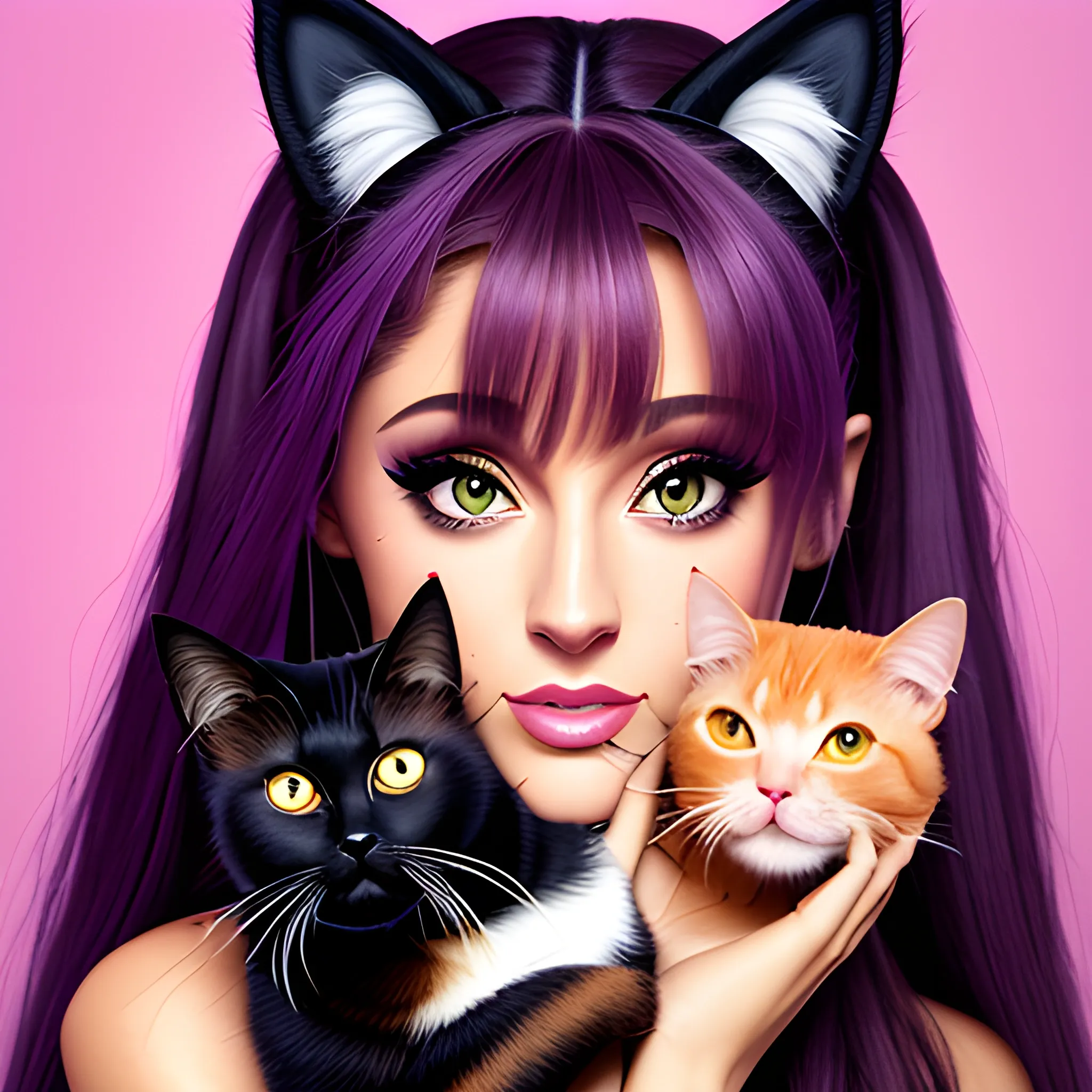 Ariana Grande holding cat, masterpiece, best quality, high resolution, 8k, realistic, photorealistic, ultrahigh-res, hyperdetailed, beautiful girl, detailed hair, beautiful face, ultra detailed eyes, studio light, Trippy