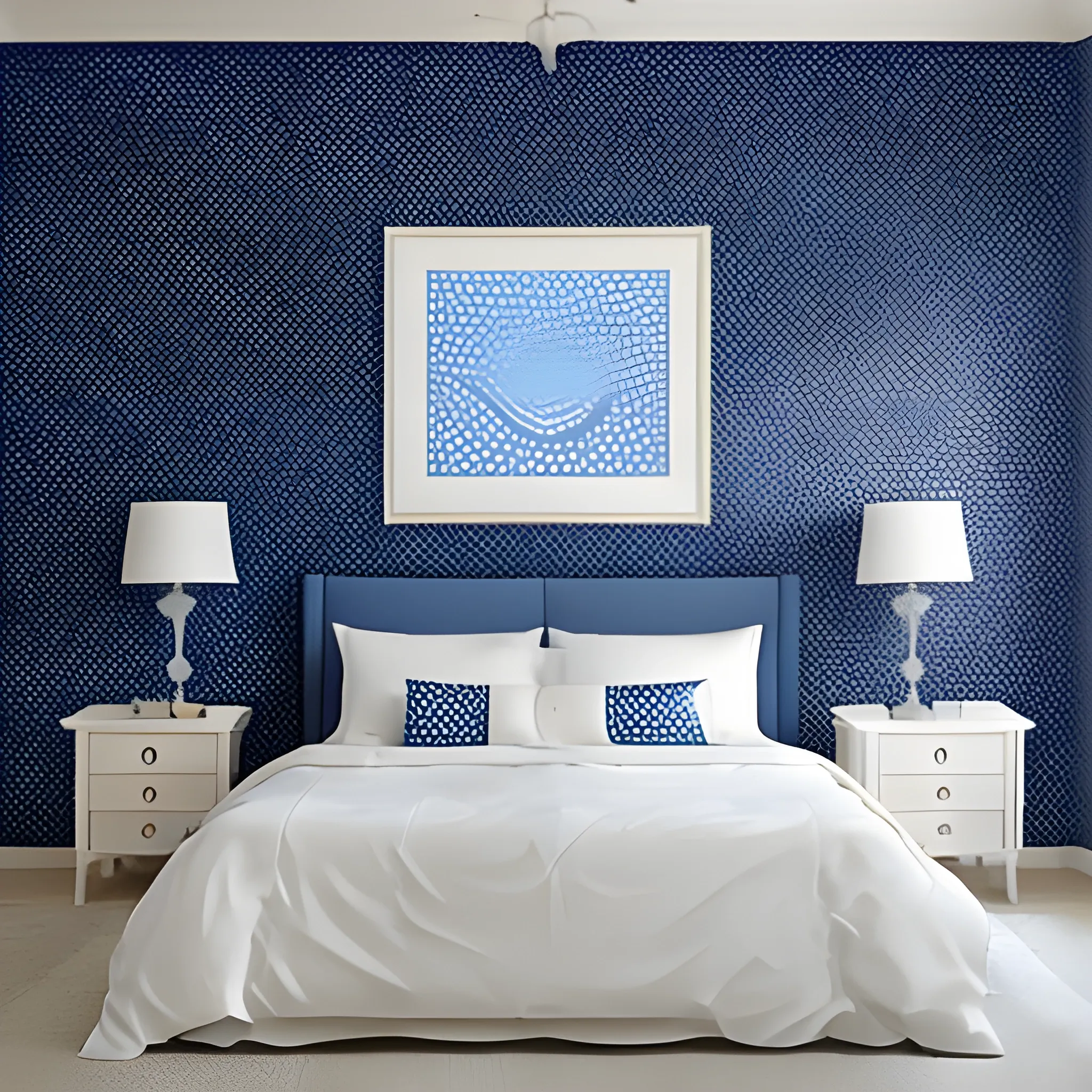 Midnight blue wall, with white polka dots (medium sized polka dots)
, 3D