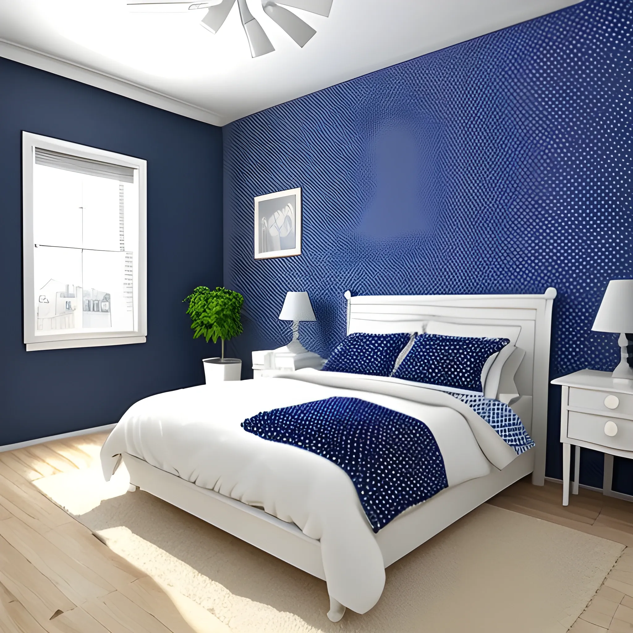 Midnight blue wall, with white polka dots (medium sized polka dots)  - 
, 3D  - NO  beds, NO objects, NO people