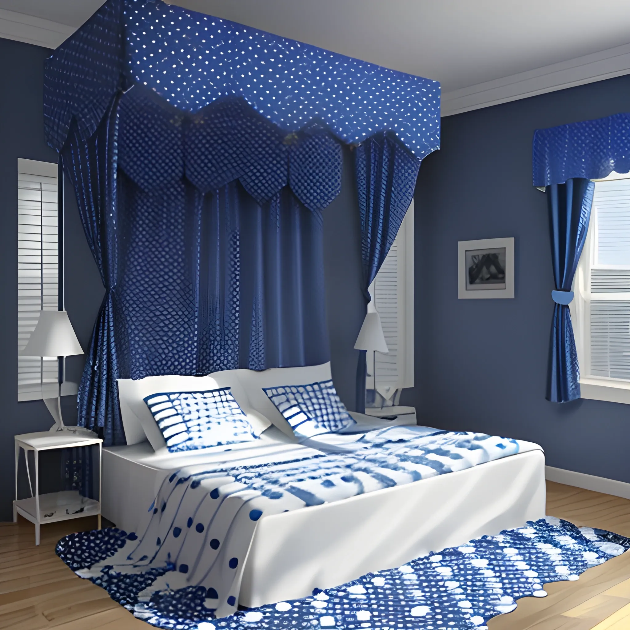 A sheet hanging Midnight blue ,more blue, with white polka dots (medium sized polka dots)  - 
, 3D  - NO  beds, NO objects, NO people, Pencil Sketch, Trippy