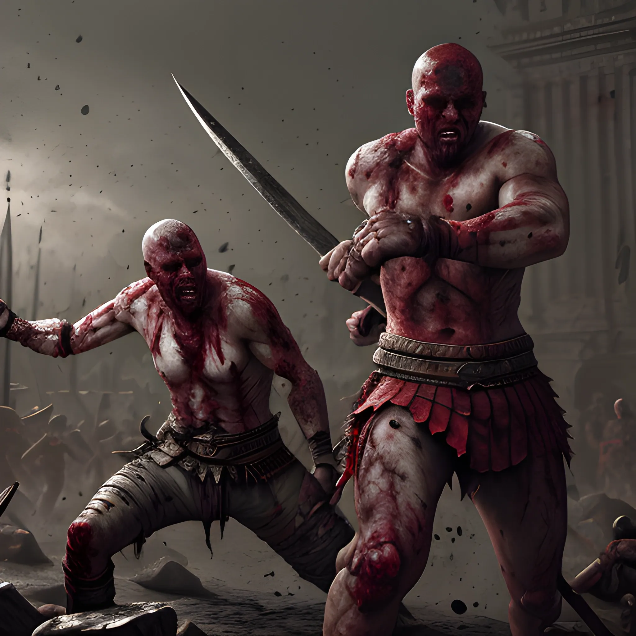 bloody fight, blood, two warriors, many corpses, a lot of blood, bloody, 8k, high resolution, high quality, photorealistic, hyperrealistic, detailed, detailed matte painting, deep color, fantastical, intricate detail, splash screen, complementary colors, fantasy concept art, 8k resolution trending on Artstation Unreal Engine 5