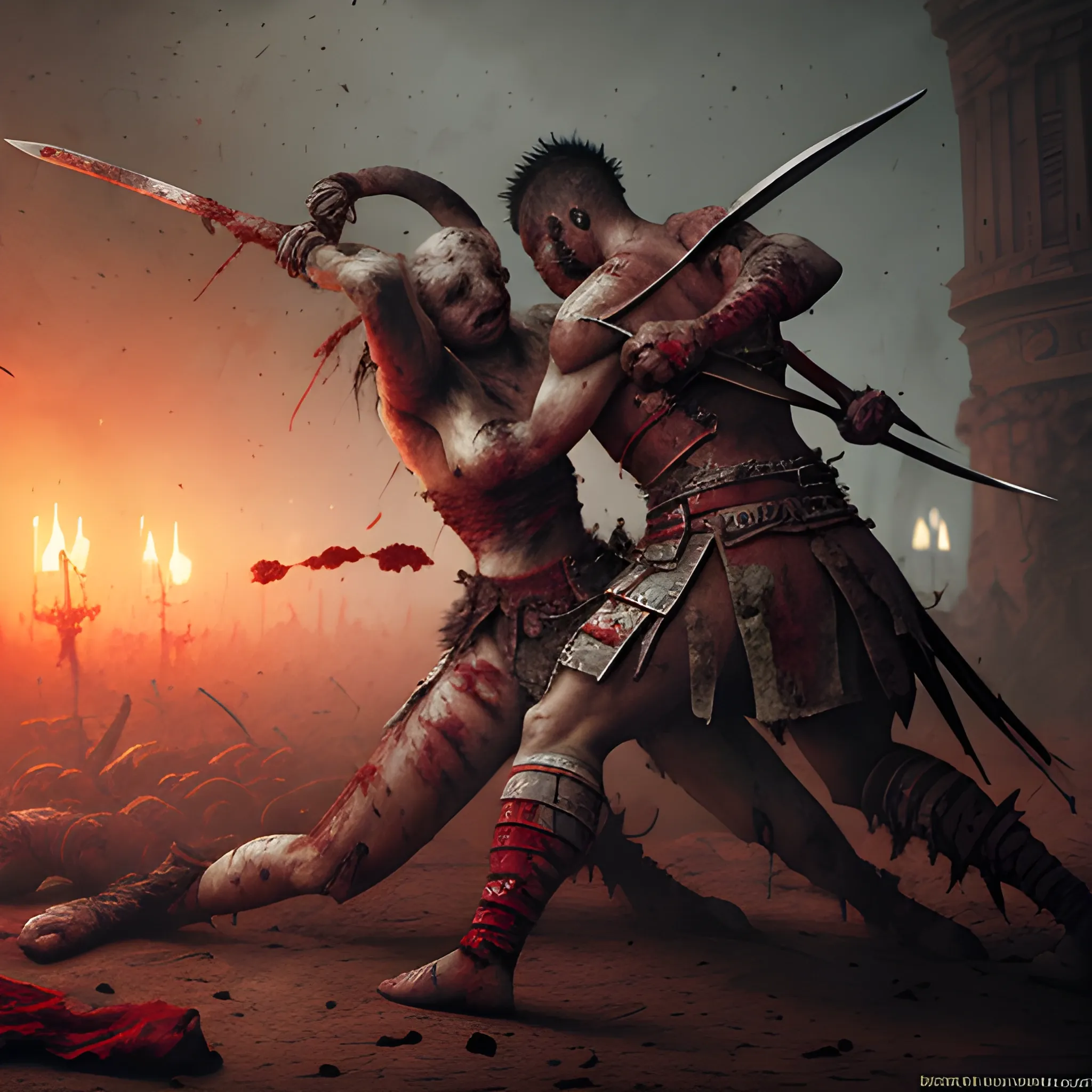 bloody fight, blood, two warriors, dead, corpses, many corpses, a lot of blood, bloody, 8k, high resolution, high quality, photorealistic, hyperrealistic, detailed, detailed matte painting, deep color, fantastical, intricate detail, splash screen, complementary colors, fantasy concept art, 8k resolution trending on Artstation Unreal Engine 5