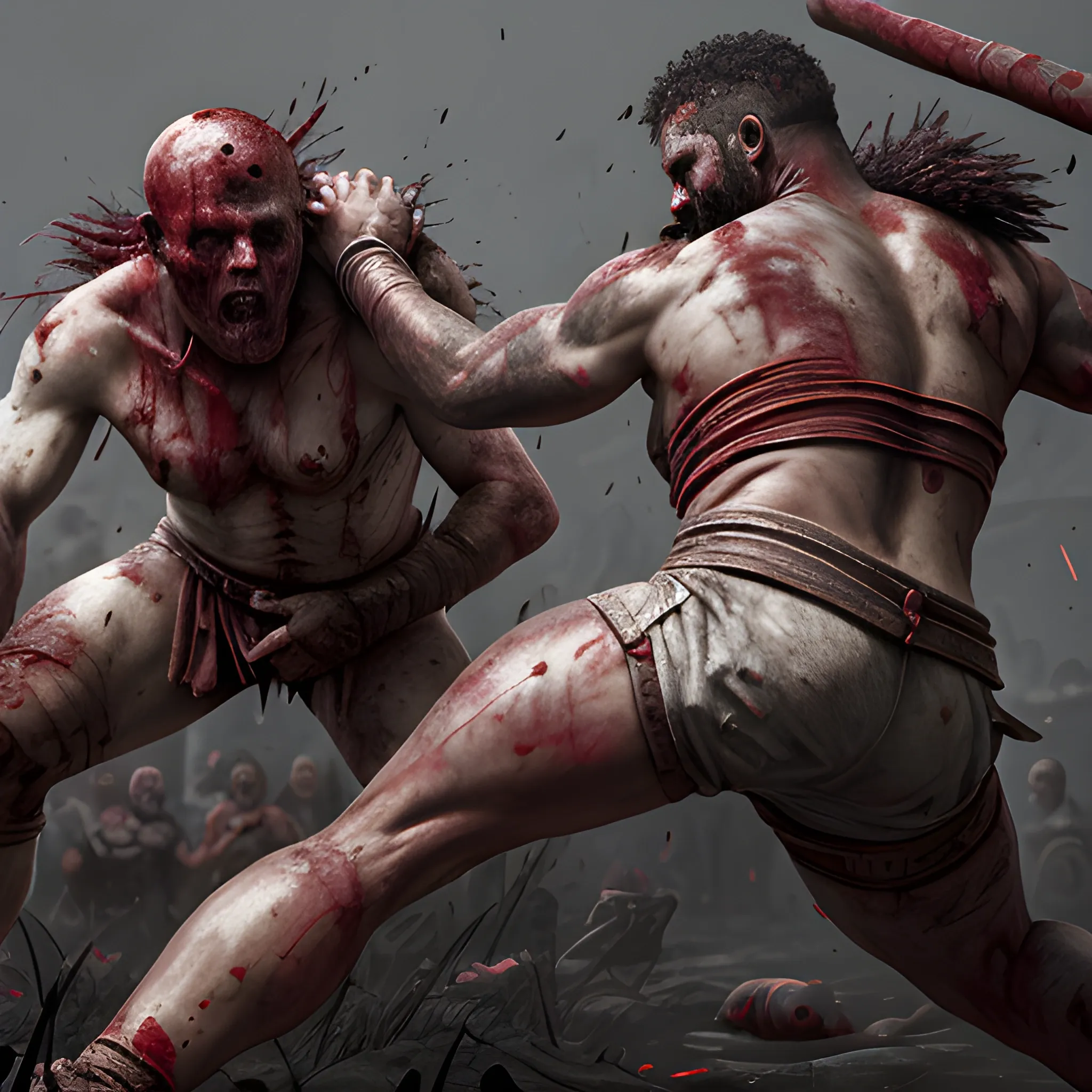 bloody fight, blood, two gladiators, dead bodies, dead, corpses, many corpses, a lot of blood, bloody, 8k, high resolution, high quality, photorealistic, hyperrealistic, detailed, detailed matte painting, deep color, fantastical, intricate detail, splash screen, complementary colors, fantasy concept art, 8k resolution trending on Artstation Unreal Engine 5