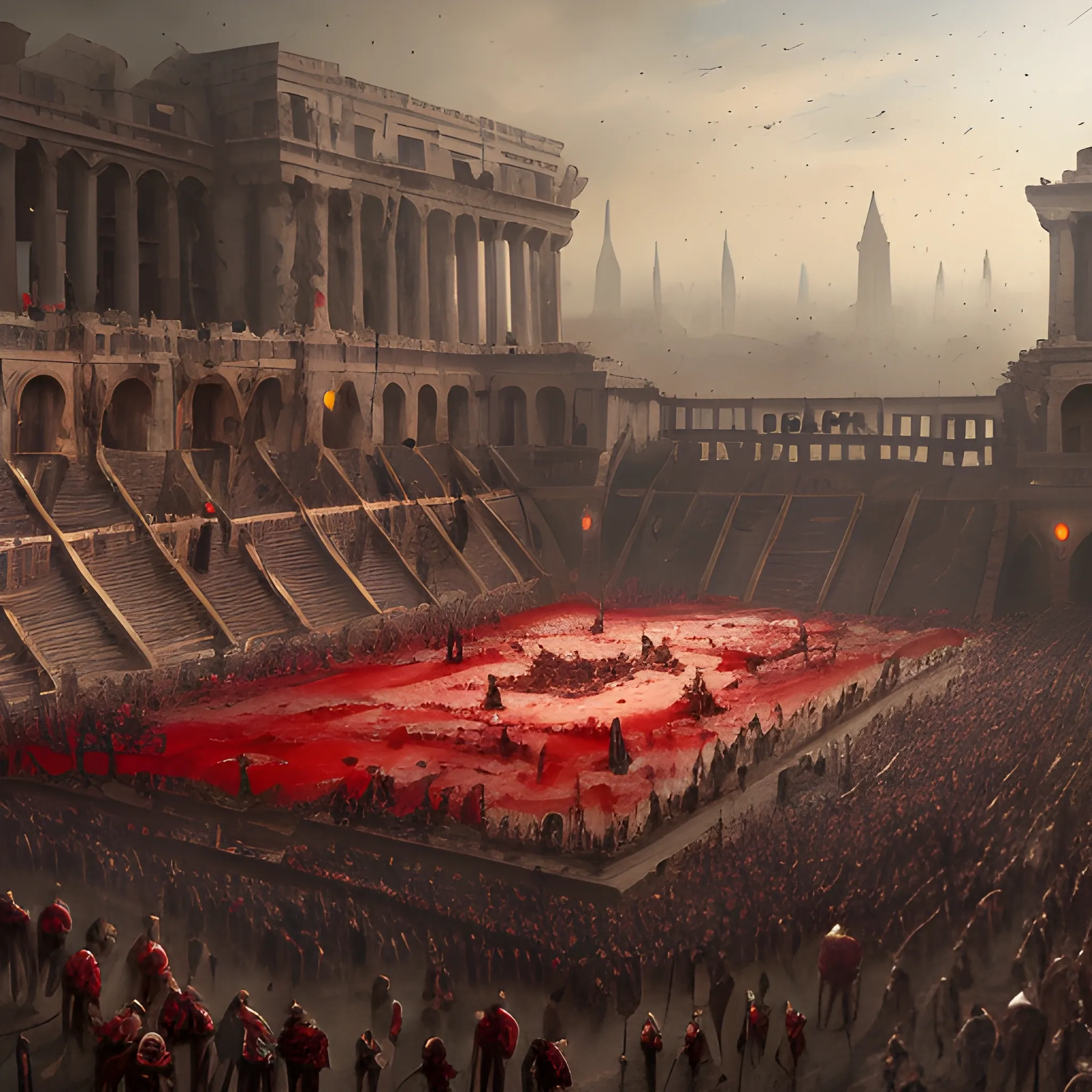 bloody fight, blood, many gladiators, dead bodies, dead, corpses, many corpses, a lot of blood, bloody, 8k, high resolution, high quality, photorealistic, hyperrealistic, detailed, detailed matte painting, deep color, fantastical, intricate detail, splash screen, complementary colors, fantasy concept art, 8k resolution trending on Artstation Unreal Engine 5