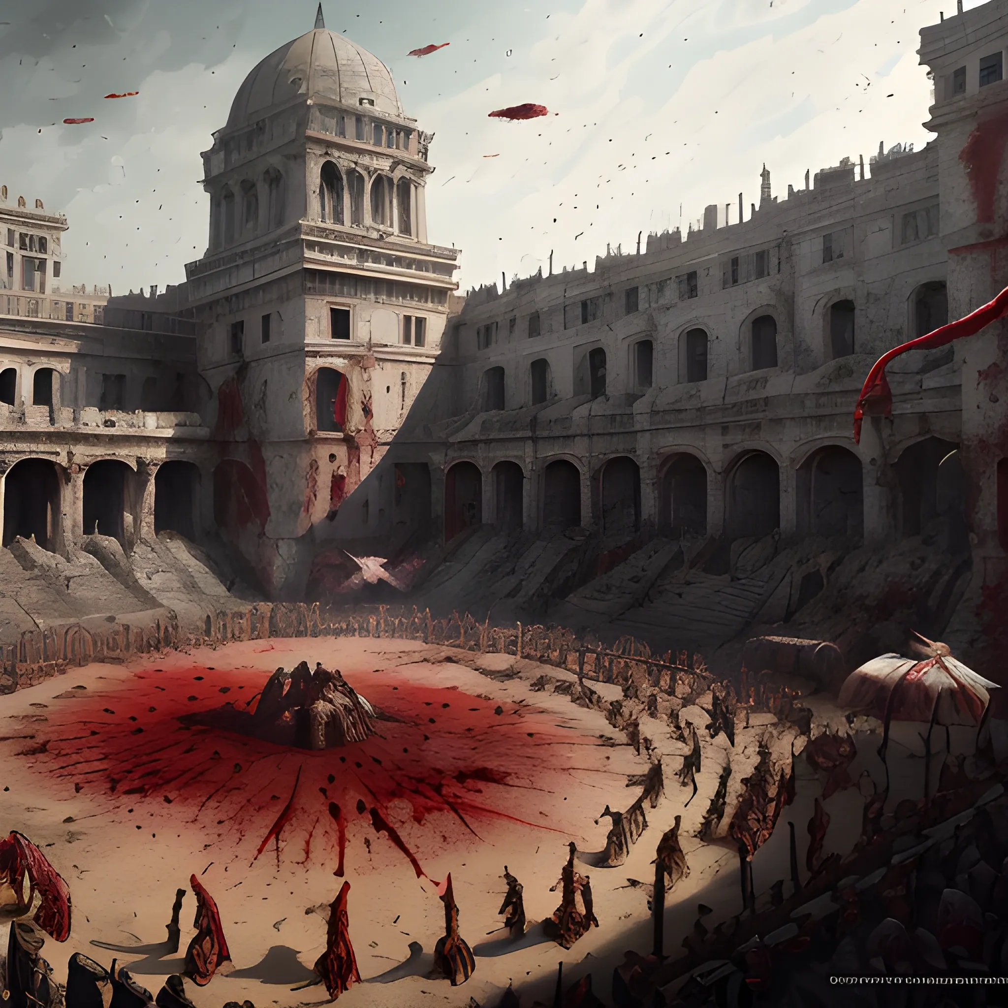 bloody fight, blood, many gladiators, dead bodies, dead, corpses, many corpses, a lot of blood, bloody, 8k, high resolution, high quality, photorealistic, hyperrealistic, detailed, detailed matte painting, deep color, fantastical, intricate detail, splash screen, complementary colors, fantasy concept art, 8k resolution trending on Artstation Unreal Engine 5