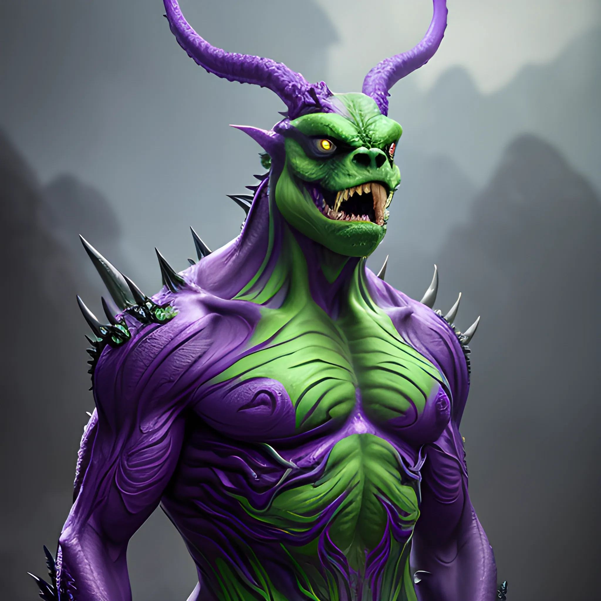 mutant, monster, green, violet, shining, fangs,8k, high resolution, high quality, photorealistic, hyperrealistic, detailed, detailed matte painting, deep color, fantastical, intricate detail, splash screen, complementary colors, fantasy concept art, 8k resolution trending on Artstation Unreal Engine 5