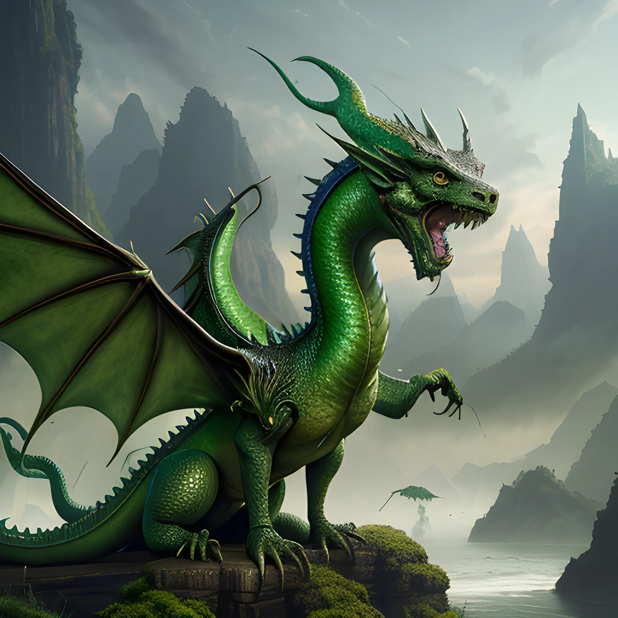 green dragon, 8k, high resolution, high quality, photorealistic, hyperrealistic, detailed, detailed matte painting, deep color, fantastical, intricate detail, splash screen, complementary colors, fantasy concept art, 8k resolution trending on Artstation Unreal Engine 5
