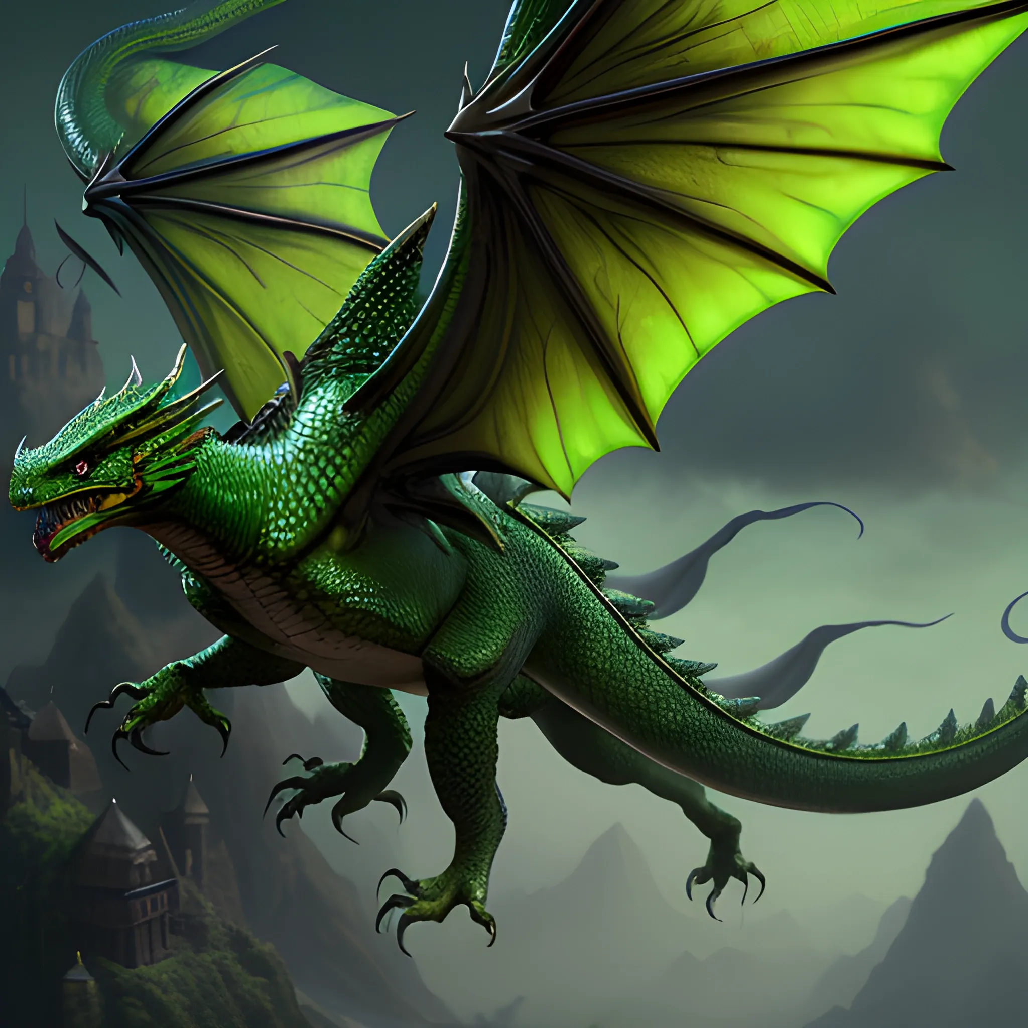 green dragon, wings, tail, 8k, high resolution, high quality, photorealistic, hyperrealistic, detailed, detailed matte painting, deep color, fantastical, intricate detail, splash screen, complementary colors, fantasy concept art, 8k resolution trending on Artstation Unreal Engine 5