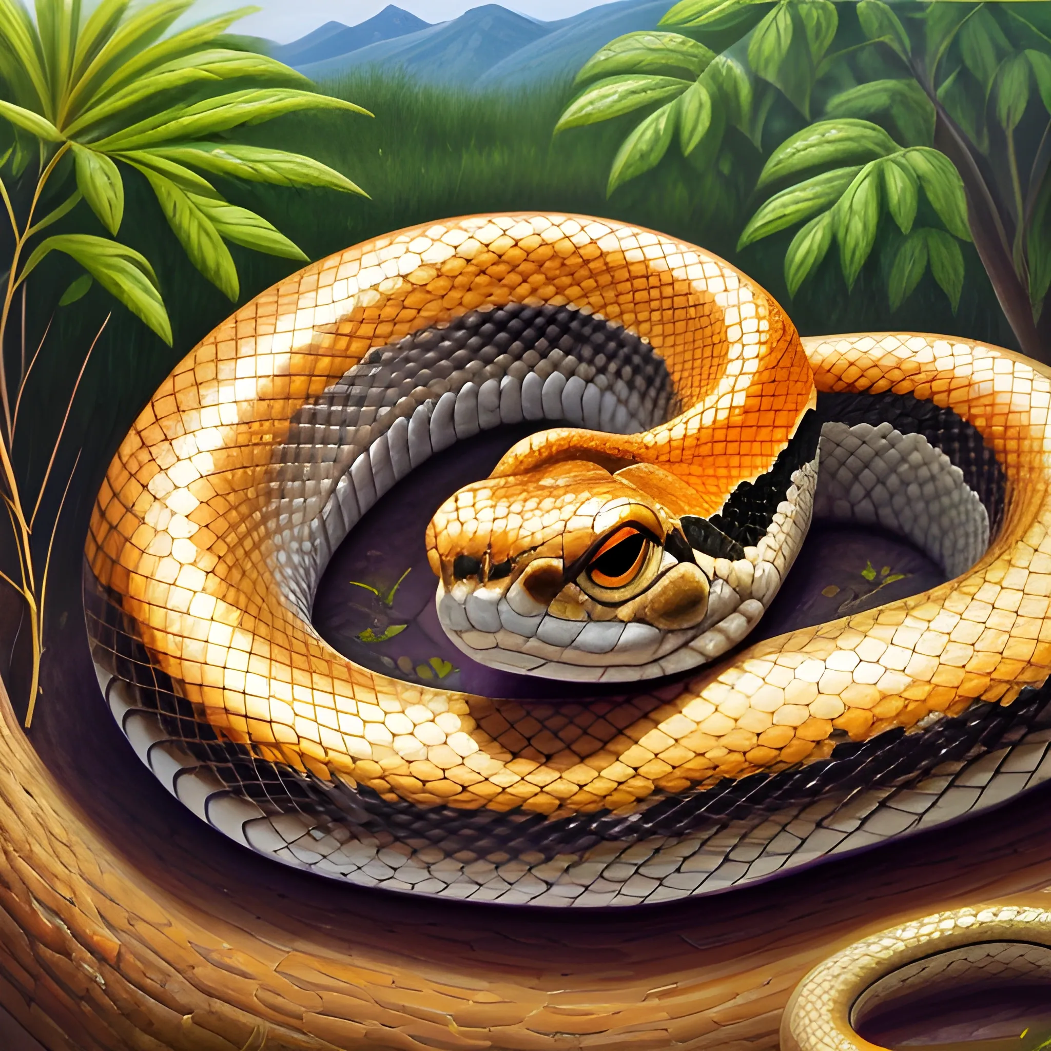 A snake in nature, looking kindly, Oil Painting