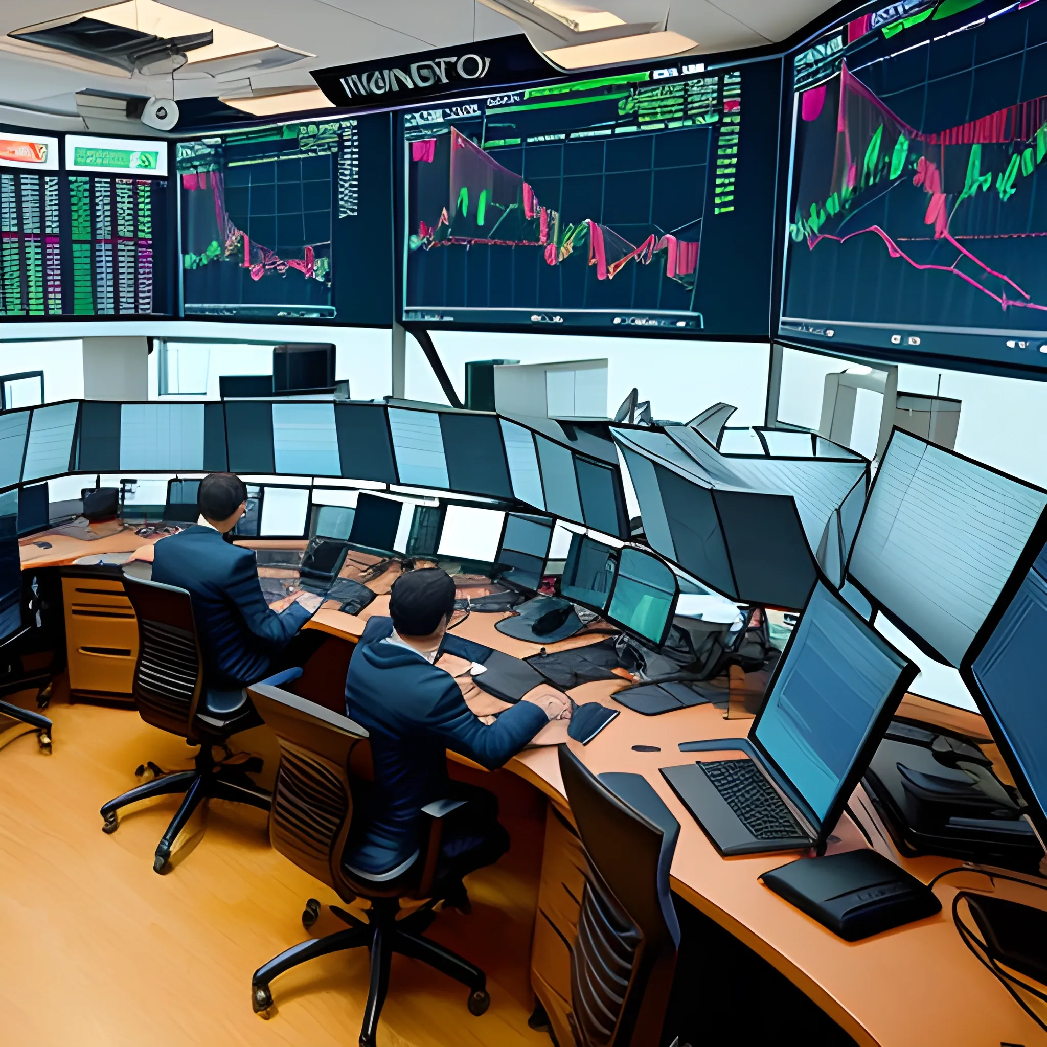 Oficina lujosa de wallstreer con monitores grandes curvos en las pantallas FOREX, 3D