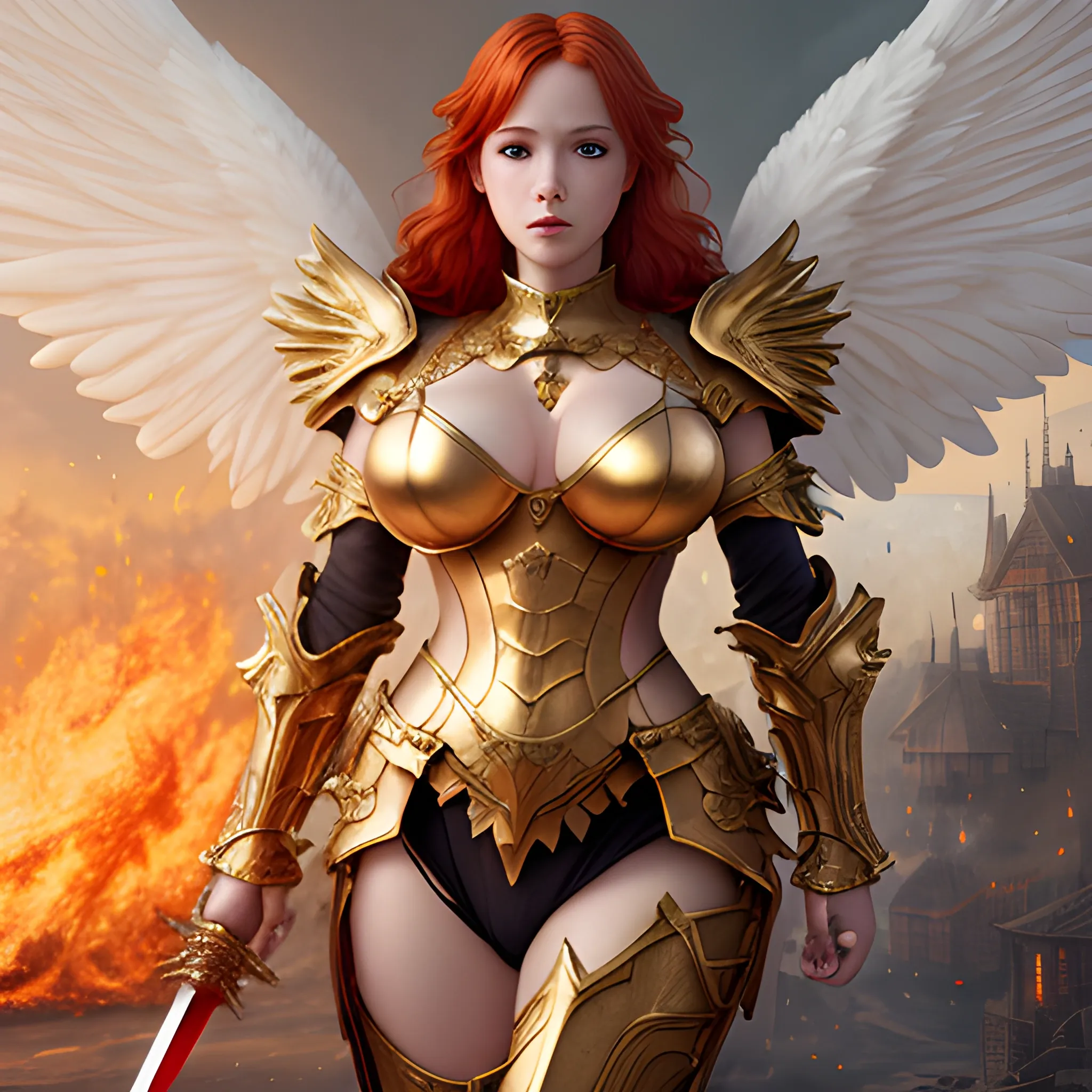 angel with sword, golden armor, white wings, red hair, town in fire, beautiful woman, big breasty, 8k, high resolution, high quality, photorealistic, hyperrealistic, detailed, detailed matte painting, deep color, fantastical, intricate detail, splash screen, complementary colors, fantasy concept art, 8k resolution trending on Artstation Unreal Engine 5