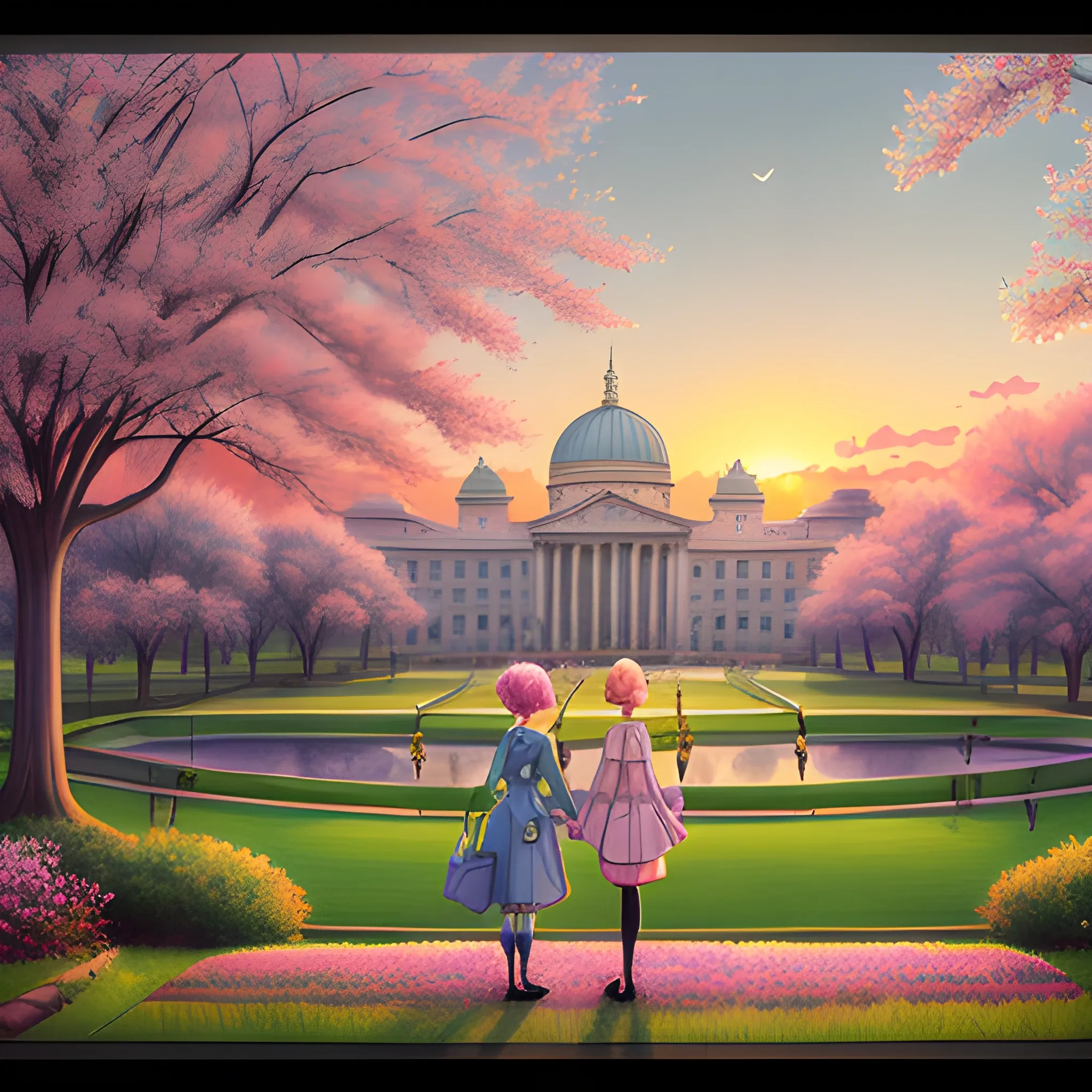 Original style, Mary Alligan and Loish at the dawn of spring, panoramic wide angle photo, Beaux Arts and Memphis style, best quality, high resolution, extremely detailed, 3D