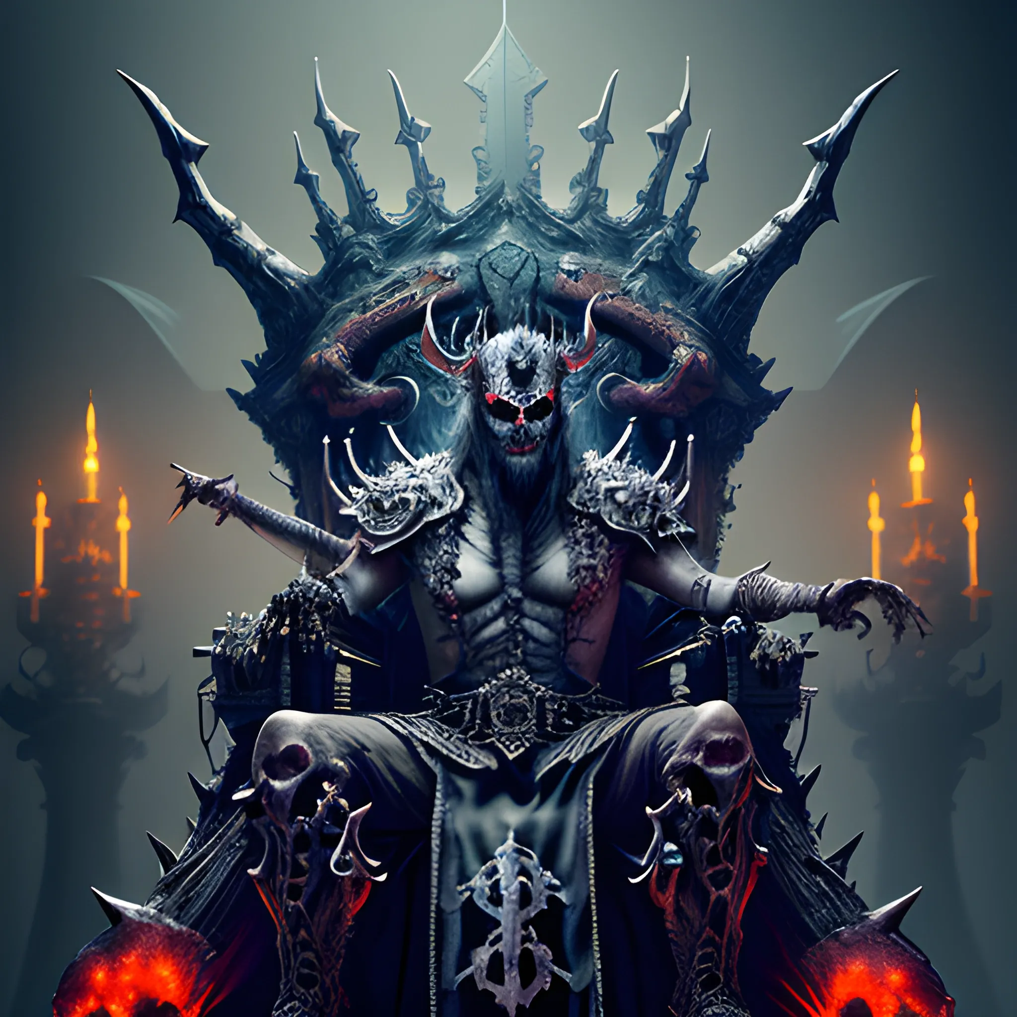demon king on the bones and skulls throne, 8k, high resolution, high quality, photorealistic, hyperrealistic, detailed, detailed matte painting, deep color, fantastical, intricate detail, splash screen, complementary colors, fantasy concept art, 8k resolution trending on Artstation Unreal Engine 5