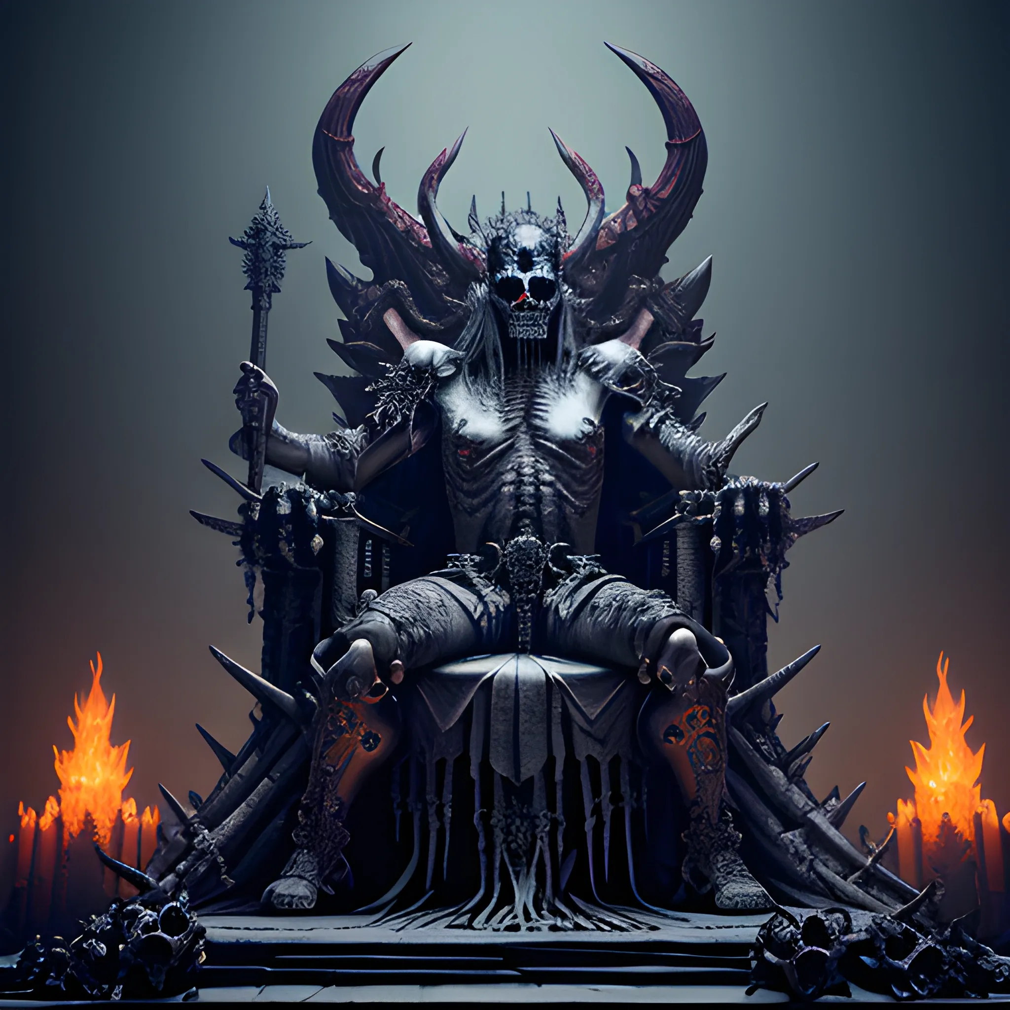 demon king on a throne of bones and skulls, 8k, high resolution, high quality, photorealistic, hyperrealistic, detailed, detailed matte painting, deep color, fantastical, intricate detail, splash screen, complementary colors, fantasy concept art, 8k resolution trending on Artstation Unreal Engine 5