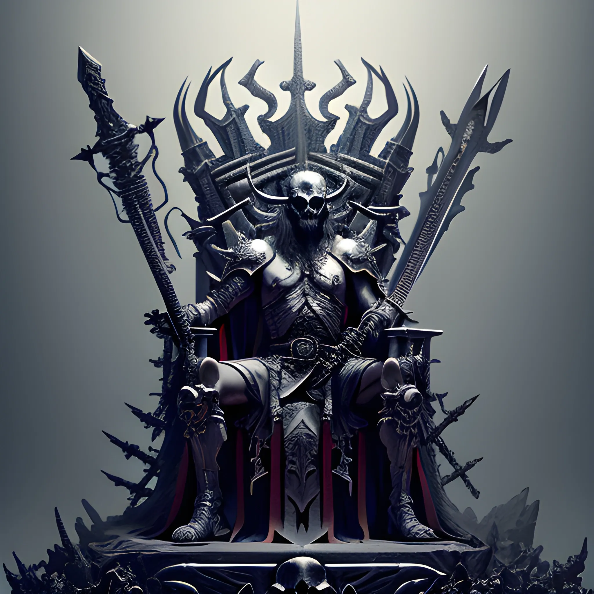 demon king with giant sword on a throne of bones and skulls, 8k, high resolution, high quality, photorealistic, hyperrealistic, detailed, detailed matte painting, deep color, fantastical, intricate detail, splash screen, complementary colors, fantasy concept art, 8k resolution trending on Artstation Unreal Engine 5