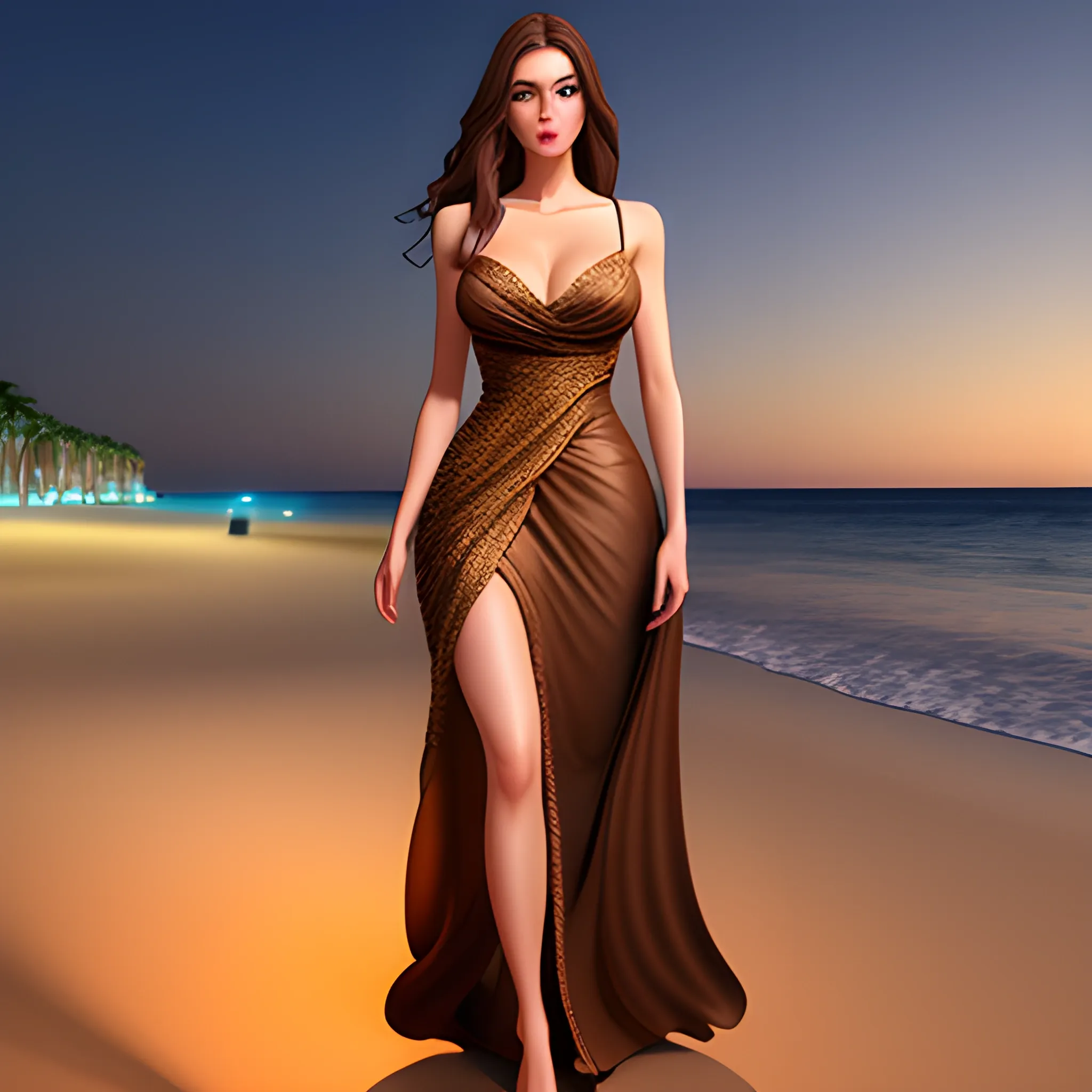 Beautiful girl with brown eyes and brown hair, high detail, night scene, photorealistic, 3D, full body, beach background, long dress