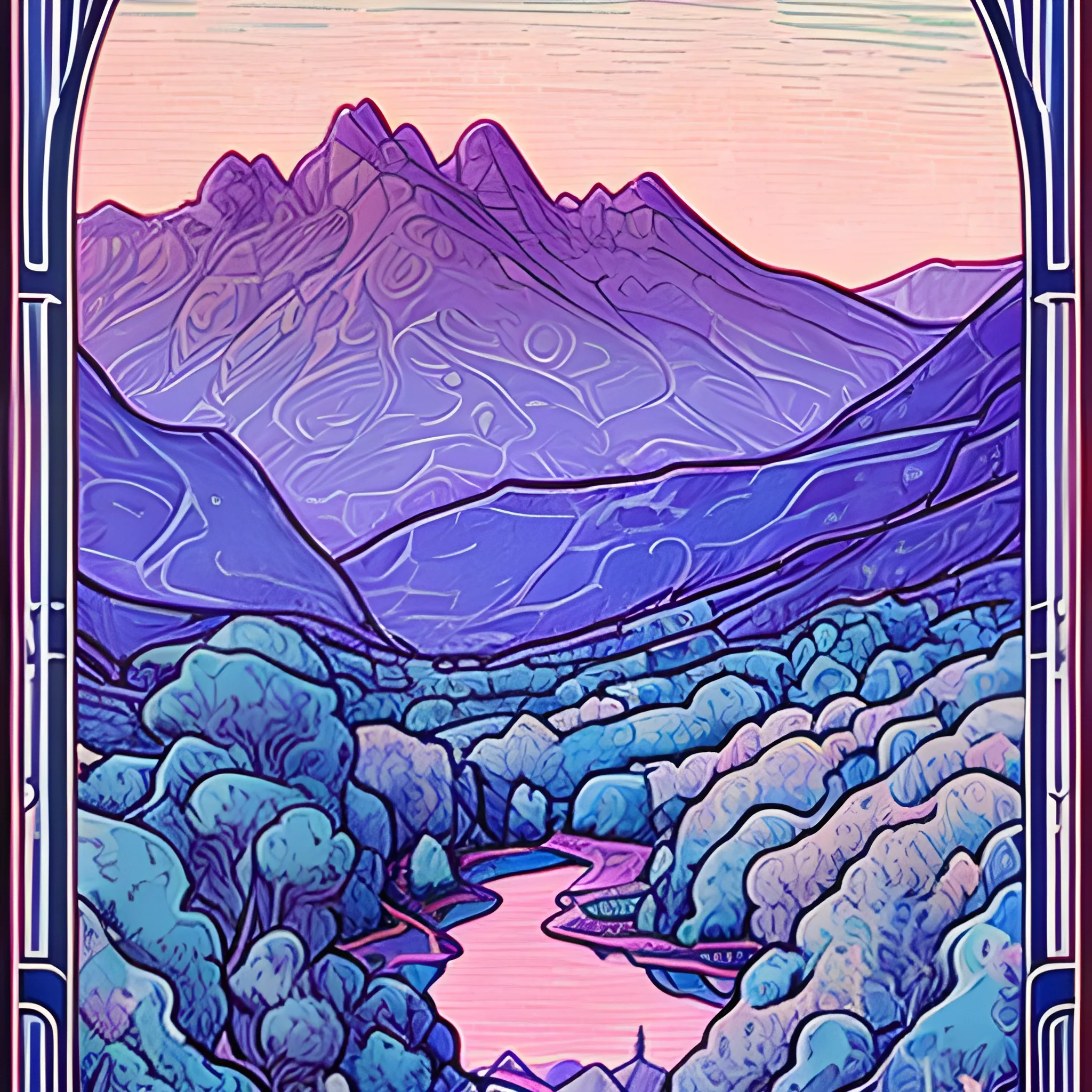 High detail, , blue and pink landscape scene with mountains and lots of trees under the stars., , Art Nouveau