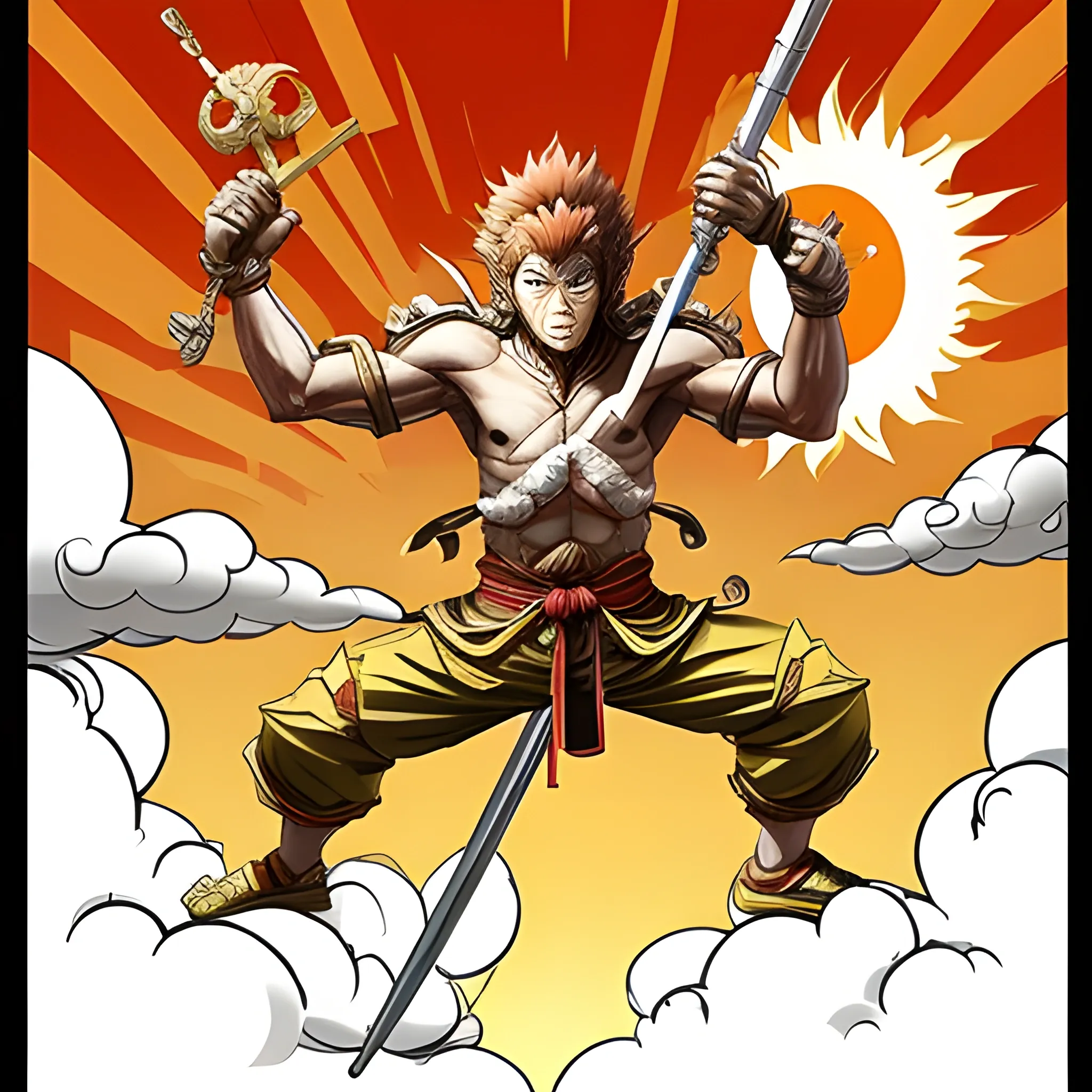 sun wukong on his cloud with modern weaponry