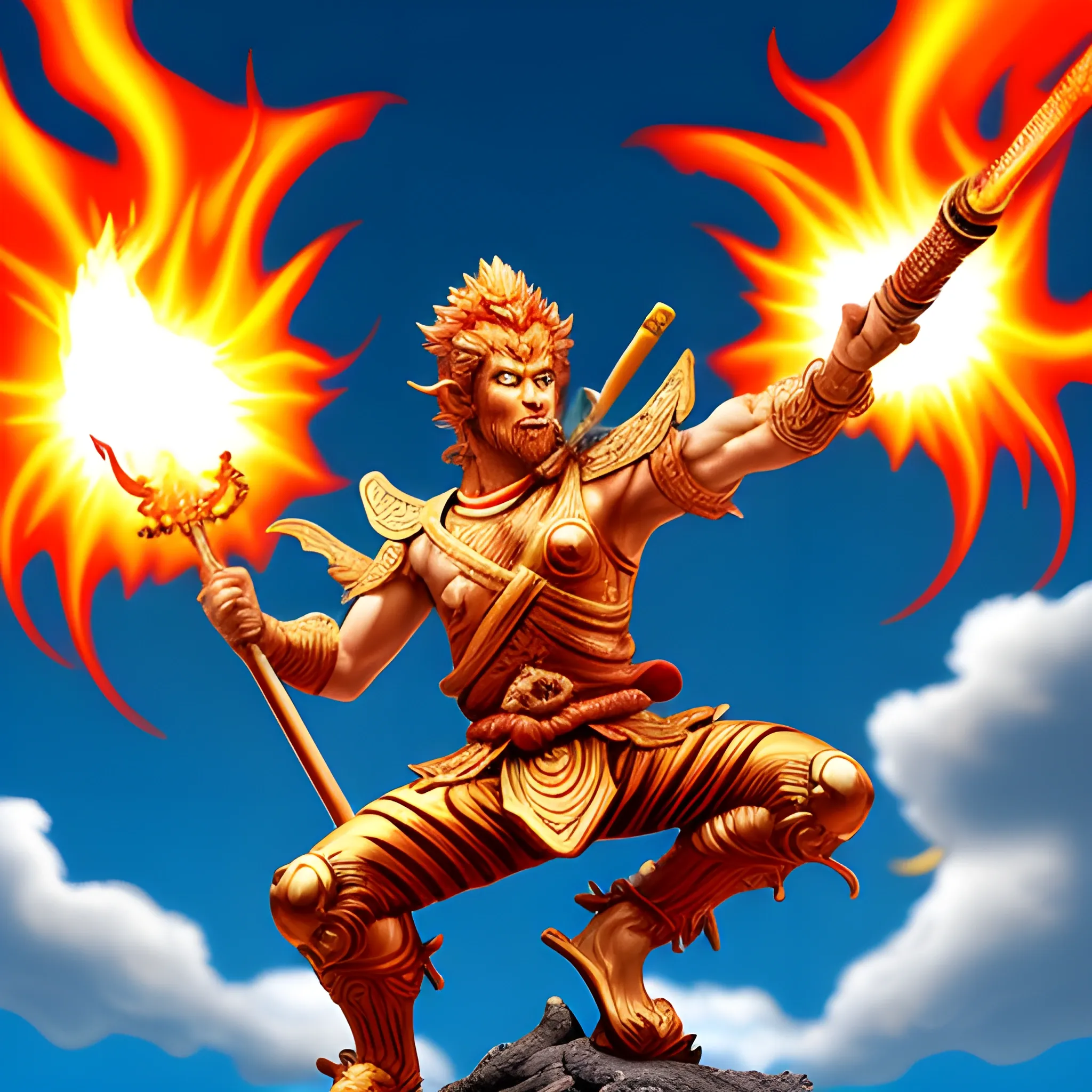 sun wukong on his cloud with a flaming sword and an ar-15