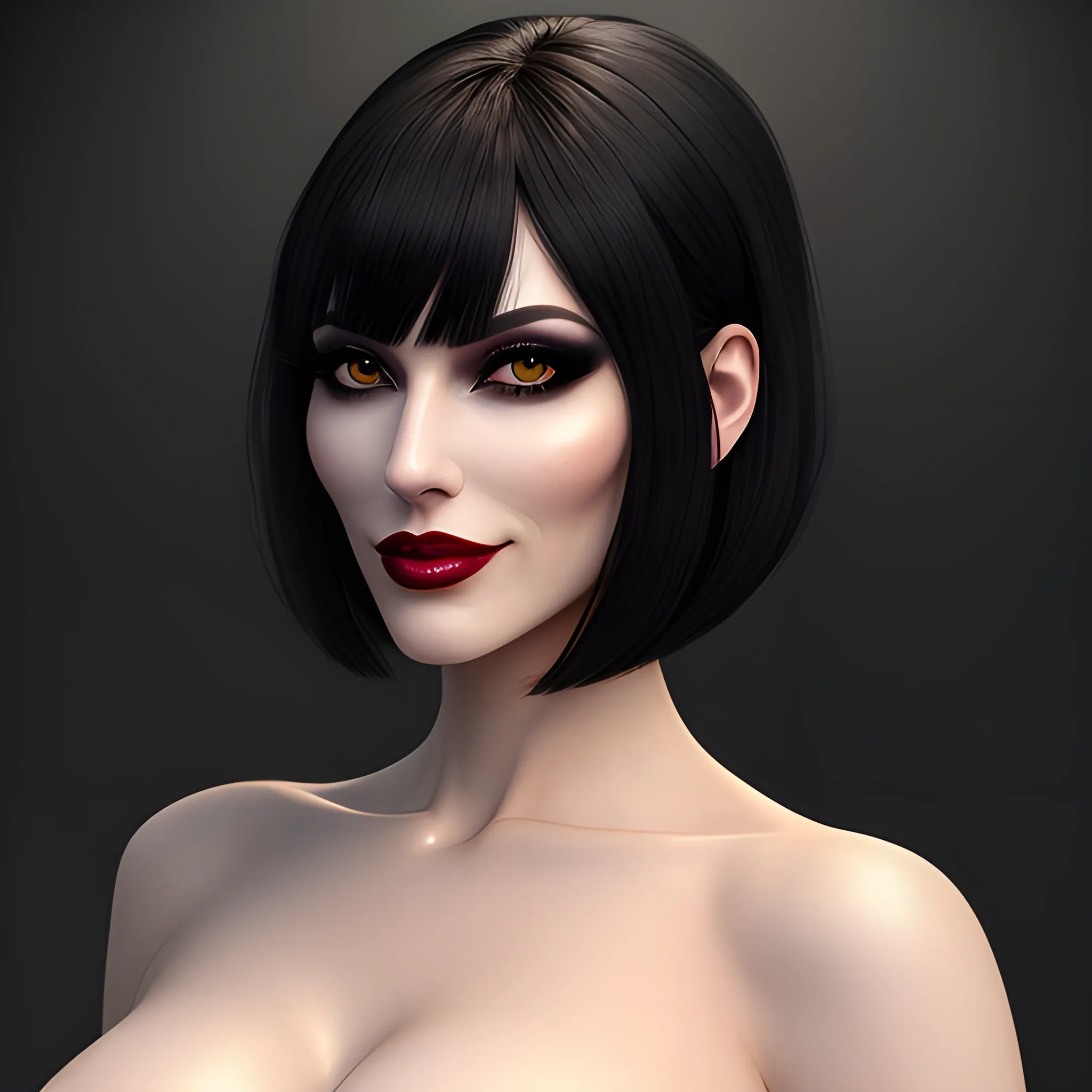 Beautiful girl, high detail, hauntingly beautiful illustration,prefect face, female, snake pupils, cocked eyebrow, mole under mouth, seductive smile, seductive smile, short hair, black hair, blunt bangs, waving, moon, wasteland, moody lighting, (full body), goddess, official art, extremely detailed CG unity 8k wallpaper, highly detailed, upright straddle, vampire, exquisite facial features, Panorama,Beautiful Body,masterpiece, best quality, beautiful girl with beautiful sensuous eyes, sensuous smile, light makeup, photorealistic face, detailed skin, Wearing sexy dress , areola, moles, public,full body,