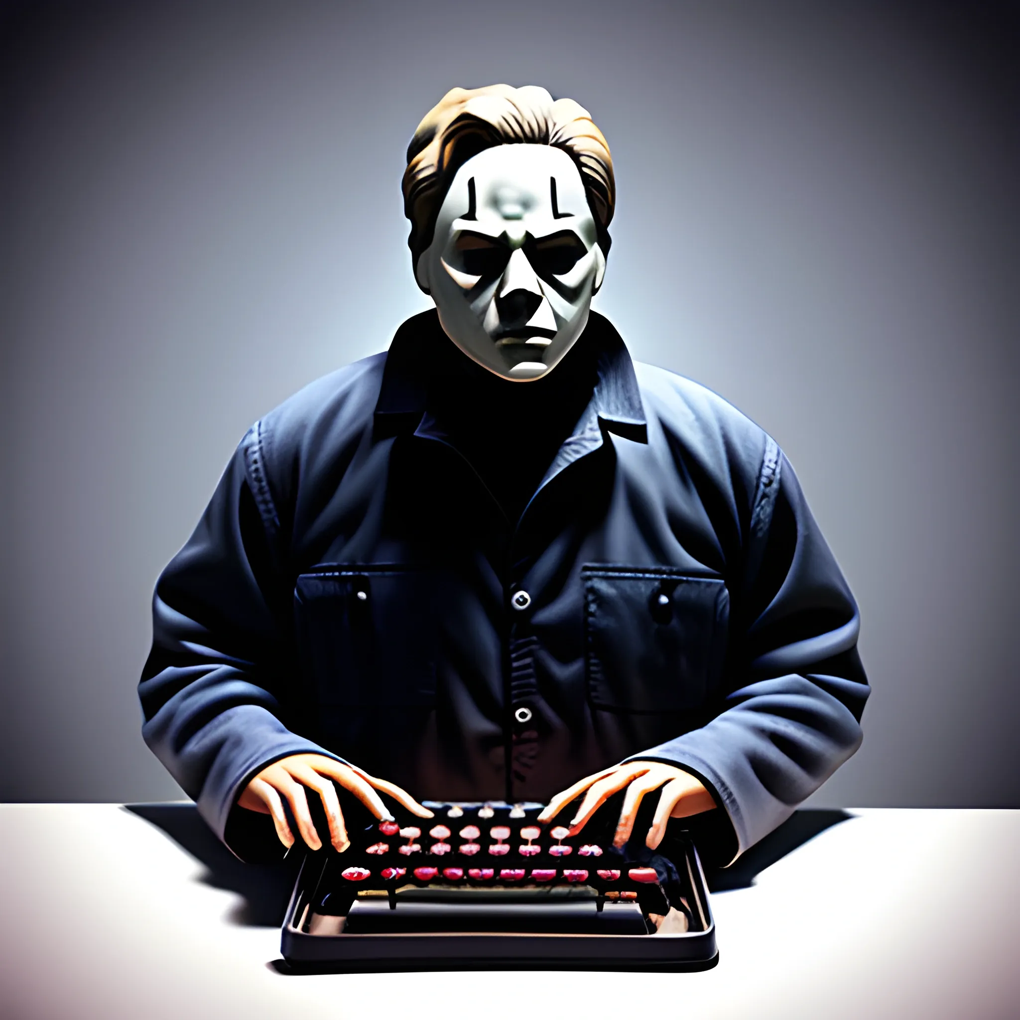 micheal myers on typewriter, very focused, 3D