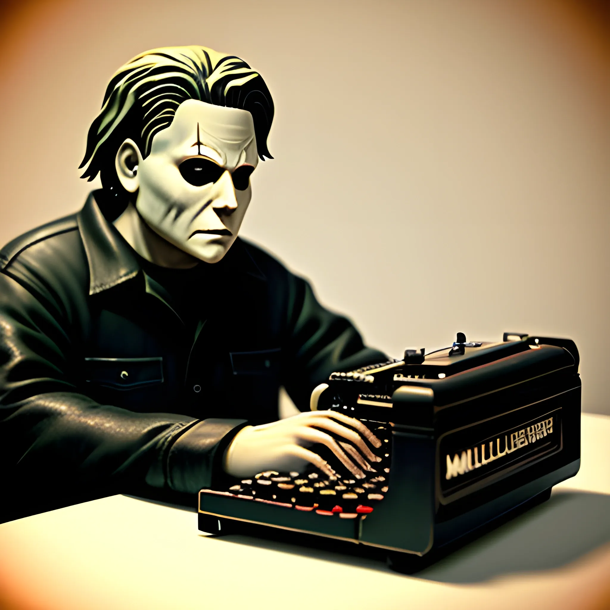 micheal myers on typewriter, very focused, 3D