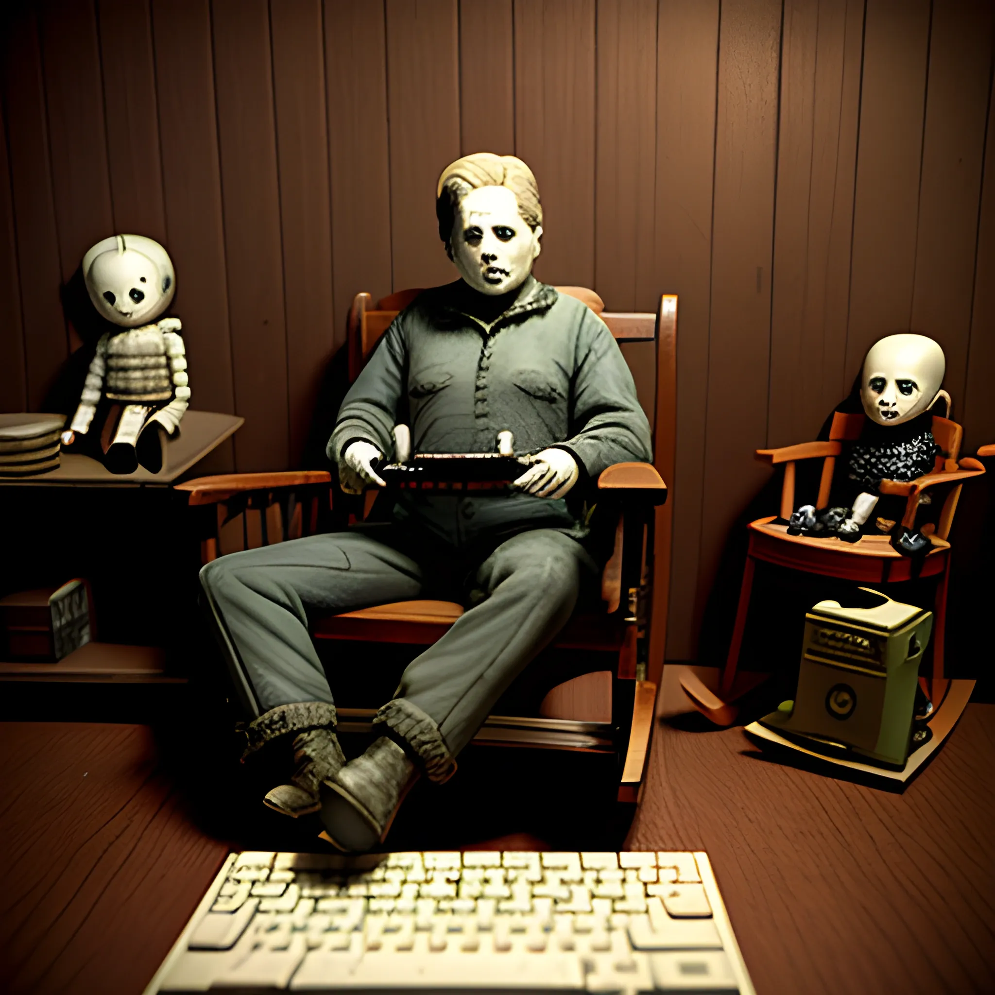 micheal myers sitting in a rocking chair in an old wooden room, typewriter on his lap, surrounded by creepy dolls, 3D