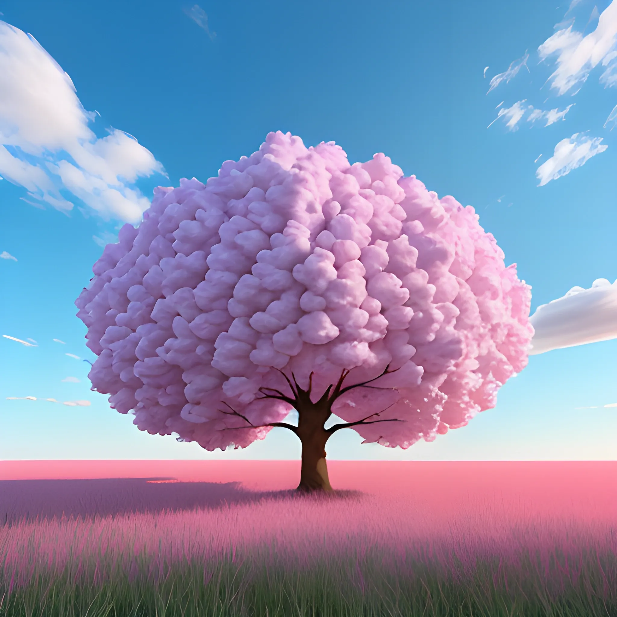 blue marshmallow tree, puffy pink clouds, grass everywhere, 3D