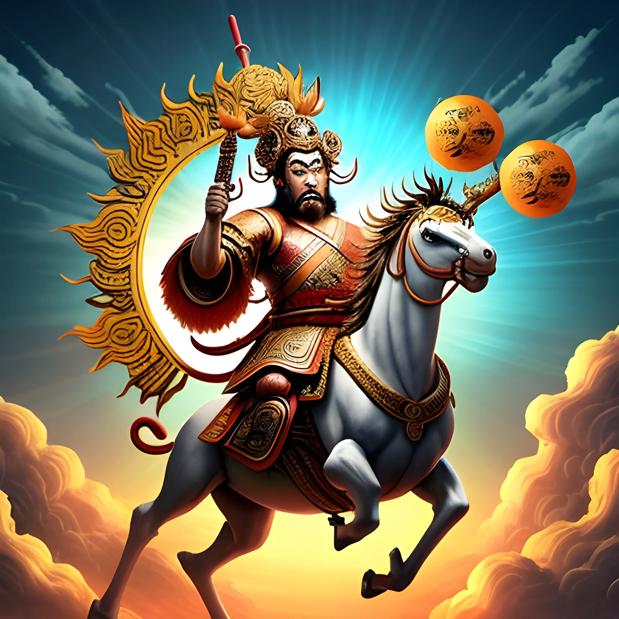 The monkey king Sun Wu Kong riding on his cloud across a multi-hued sky waving his Jin Gu Bang in one hand with a machine gun firing in the other hand