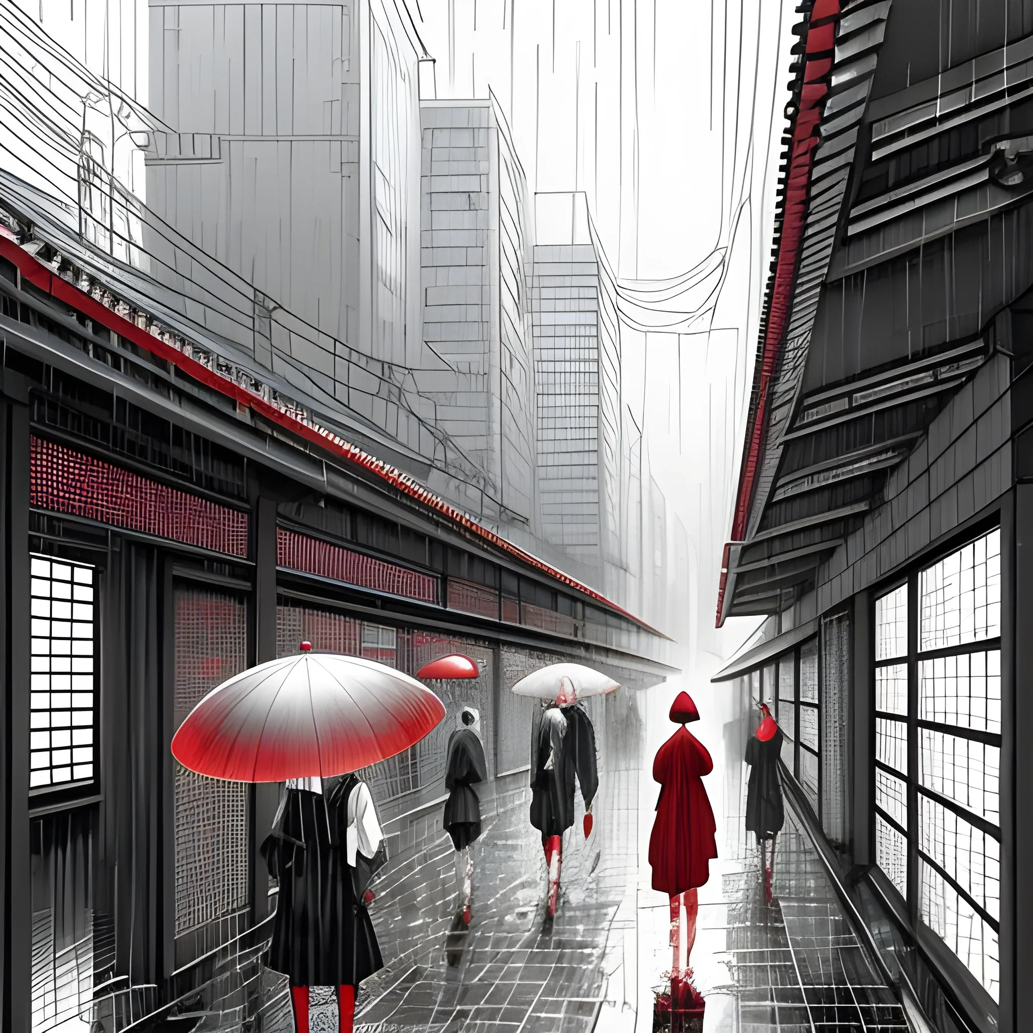 Tokyo metropolitan art style, bazaar, classical realism, surreal anime, cityscape, mysticism, gray tones and red, raindrops