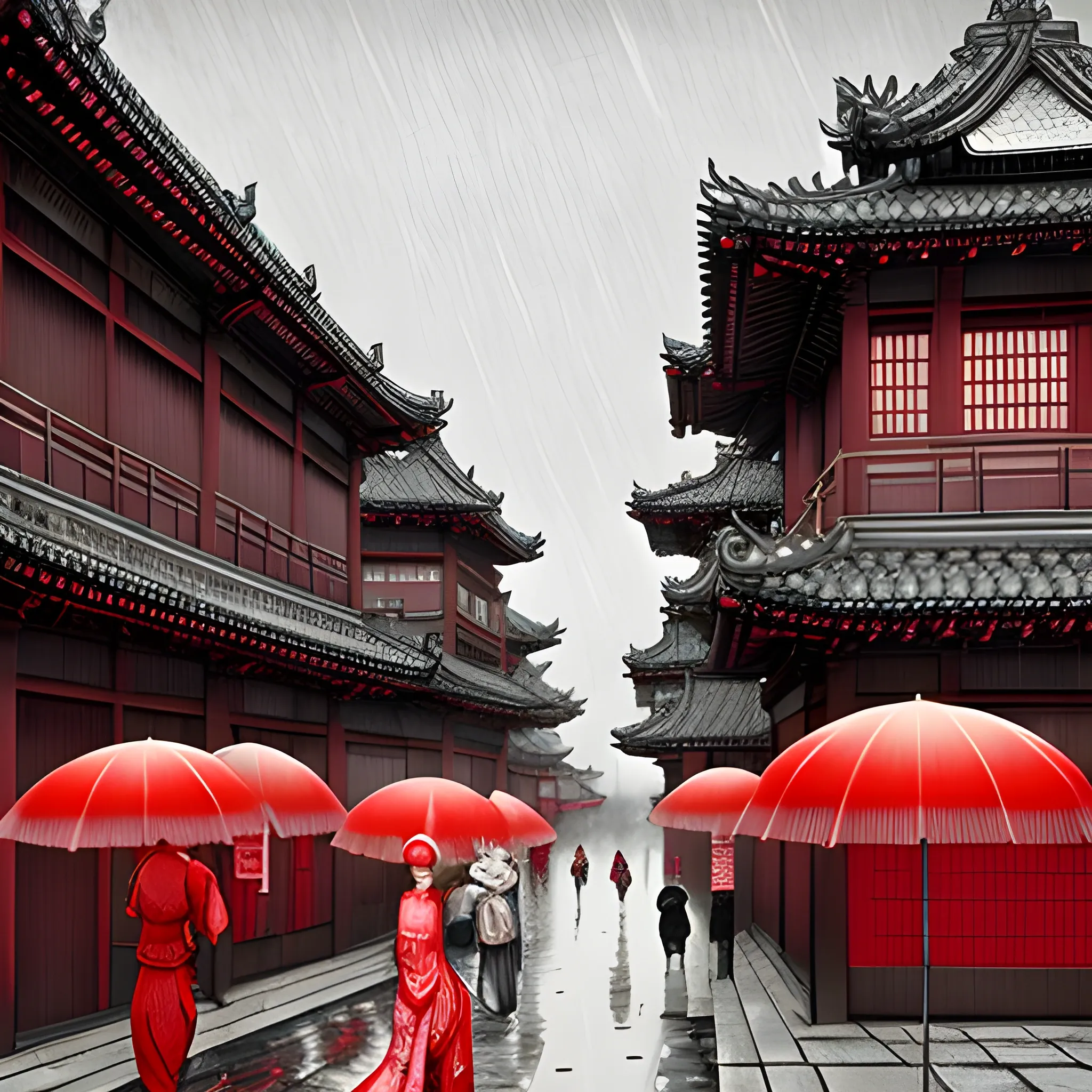 ancient Tang dynasty, metropolitan art style, bazaar, classical realism, surreal anime, cityscape, mysticism, gray tones and red, raindrops, cloudy sky