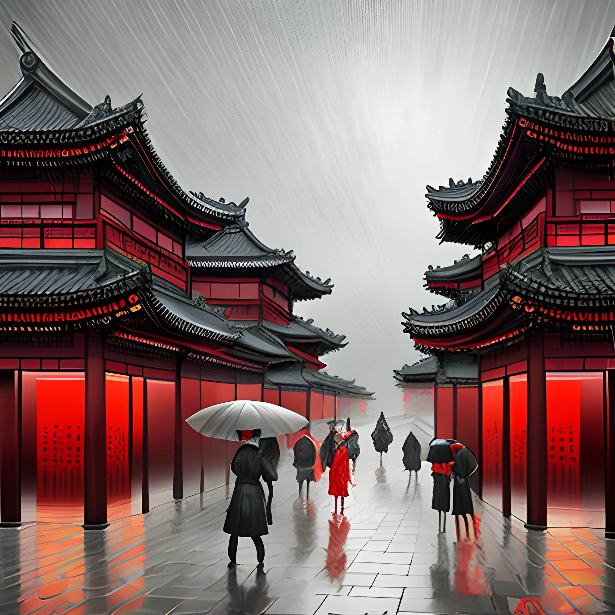 ancient Tang dynasty, metropolitan art style, bazaar, classical realism, surreal anime, cityscape, mysticism, gray tones and red, raindrops, cloudy sky
