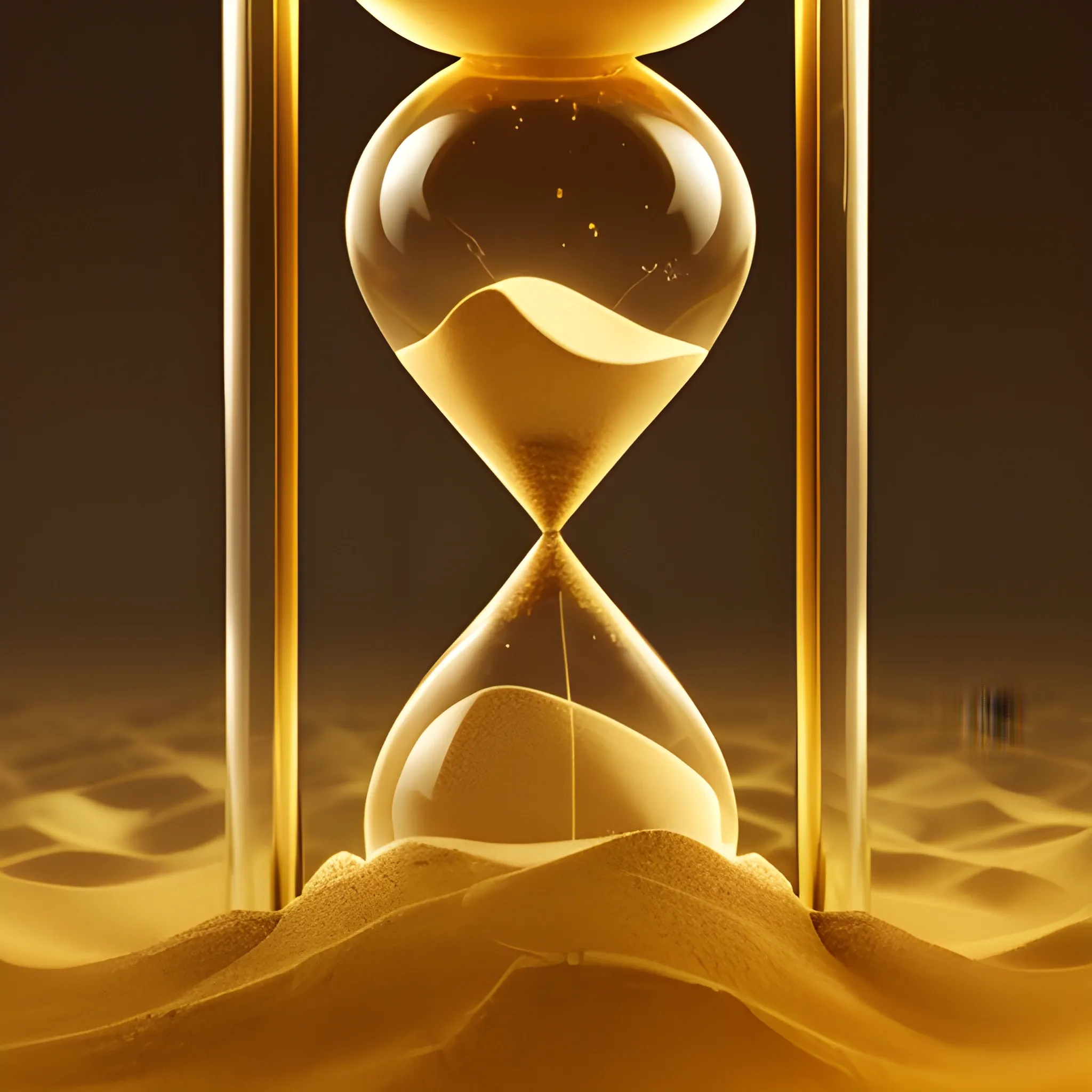 Hourglass with golden sand, at the bottom of the hourglass there are figures of coins made of sand, light beige background, high detail, photorealistic picture