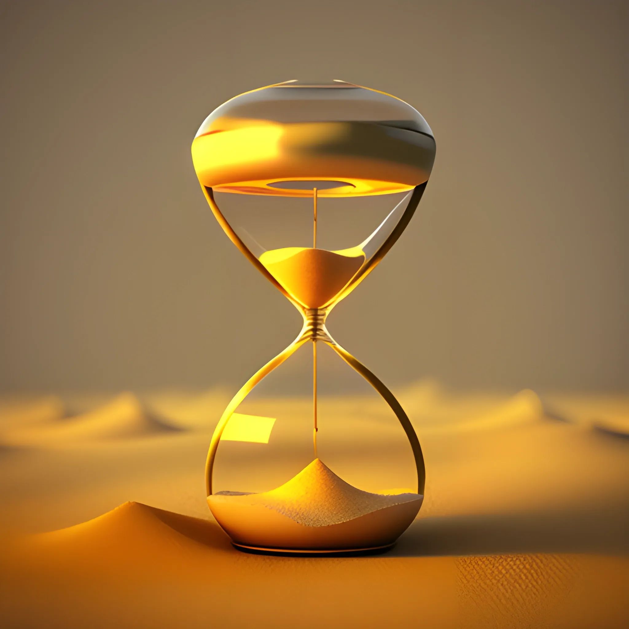 Hourglass with golden sand, light beige background, high detail, photorealistic picture, 3D