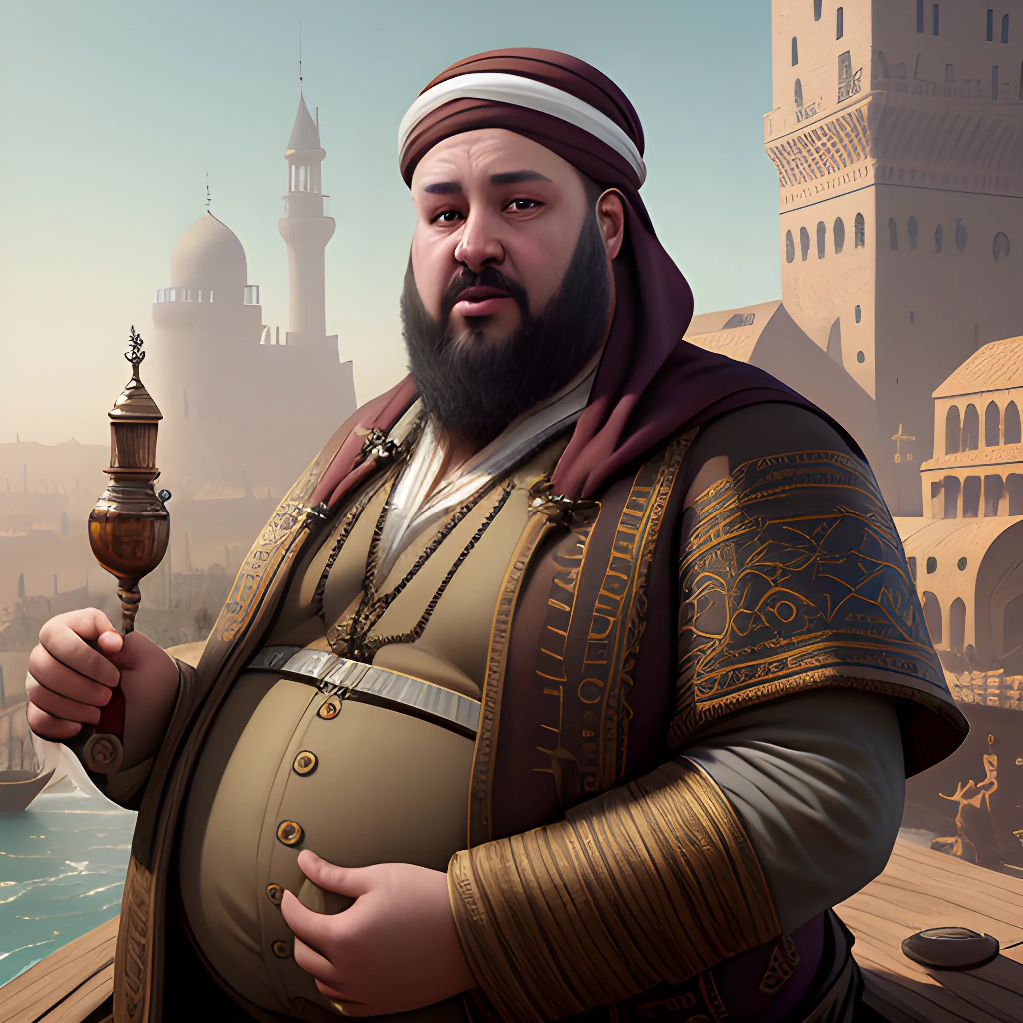 merchant, fat merchant, arabic merchant, 8k, high resolution, high quality, photorealistic, hyperealistic, detailed, detailed matte painting, deep color, fantastical, intricate detail, splash screen, complementary colors, fantasy concept art, 8k resolution trending on Artstation Unreal Engine 5