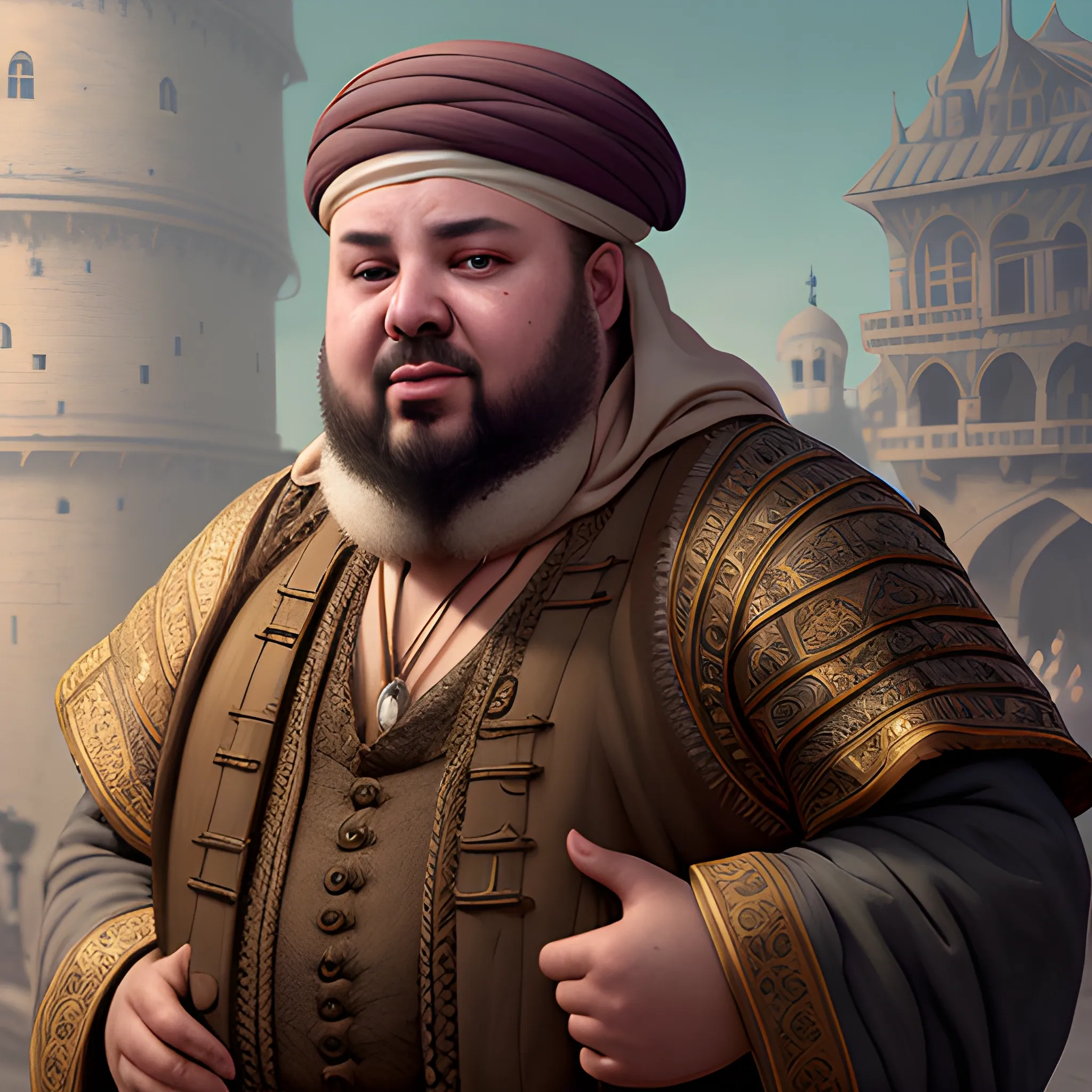 merchant, fat merchant, arabic merchant, 8k, high resolution, high quality, photorealistic, hyperealistic, detailed, detailed matte painting, deep color, fantastical, intricate detail, splash screen, complementary colors, fantasy concept art, 8k resolution trending on Artstation Unreal Engine 5